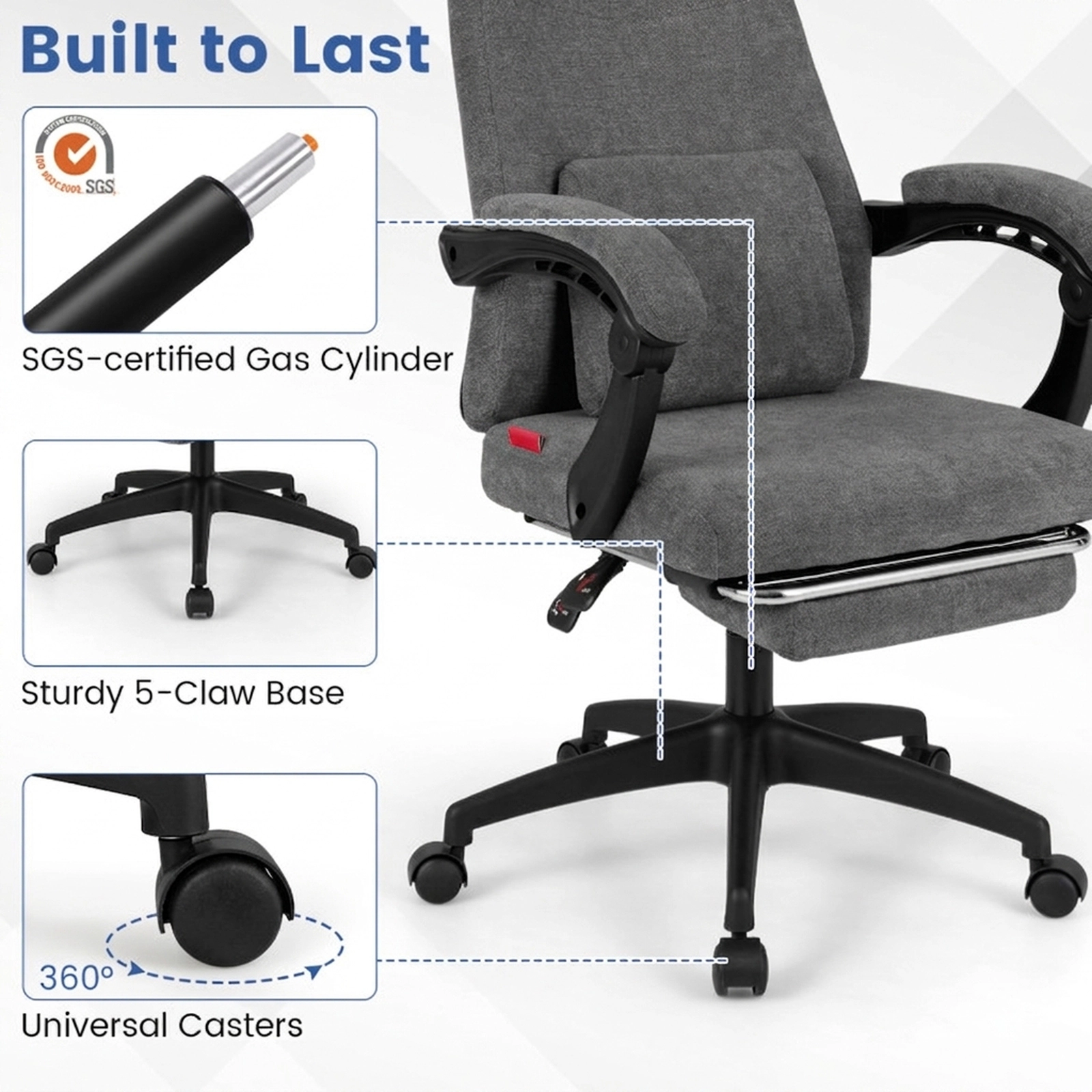 SUGIFT 350-lb Capacity Gray Chenille Reclining Computer Desk Chair with Retractable Footrest and Head Pillow