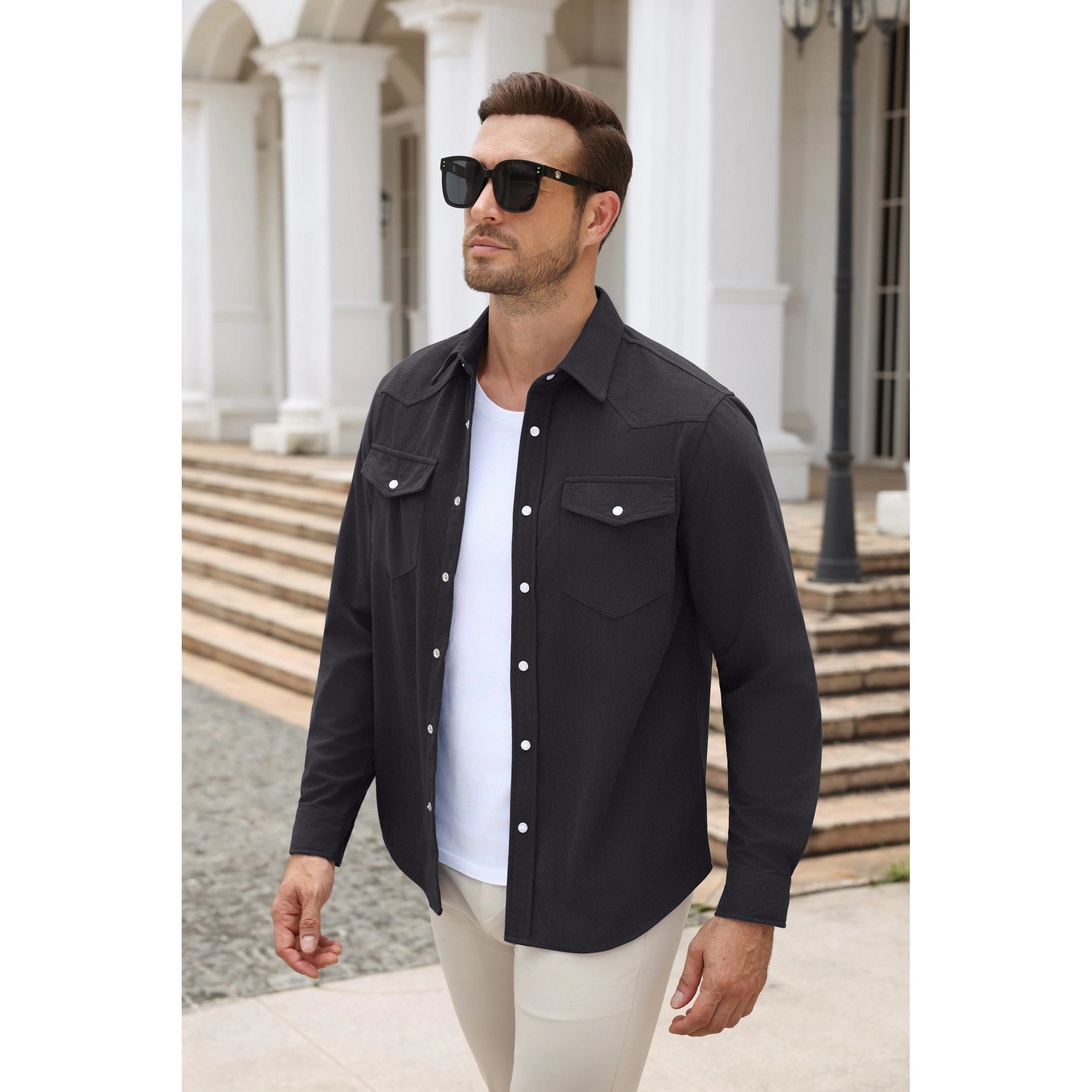 COOFANDY Men's Corduroy Pearl Snap Long Sleeve Western Shirt