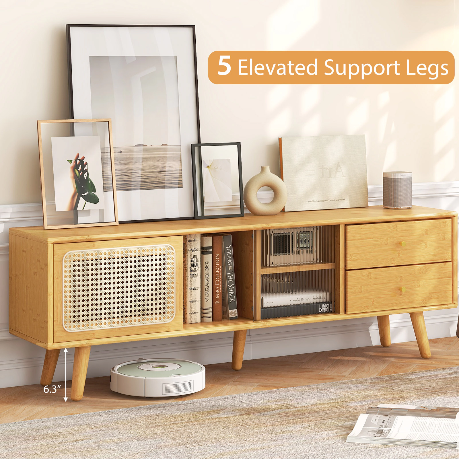 SUGIFT Bamboo TV Stand for TV up to 65 Inch with Storage Compartments and Drawers 155-lb Top Capacity Natural Brown