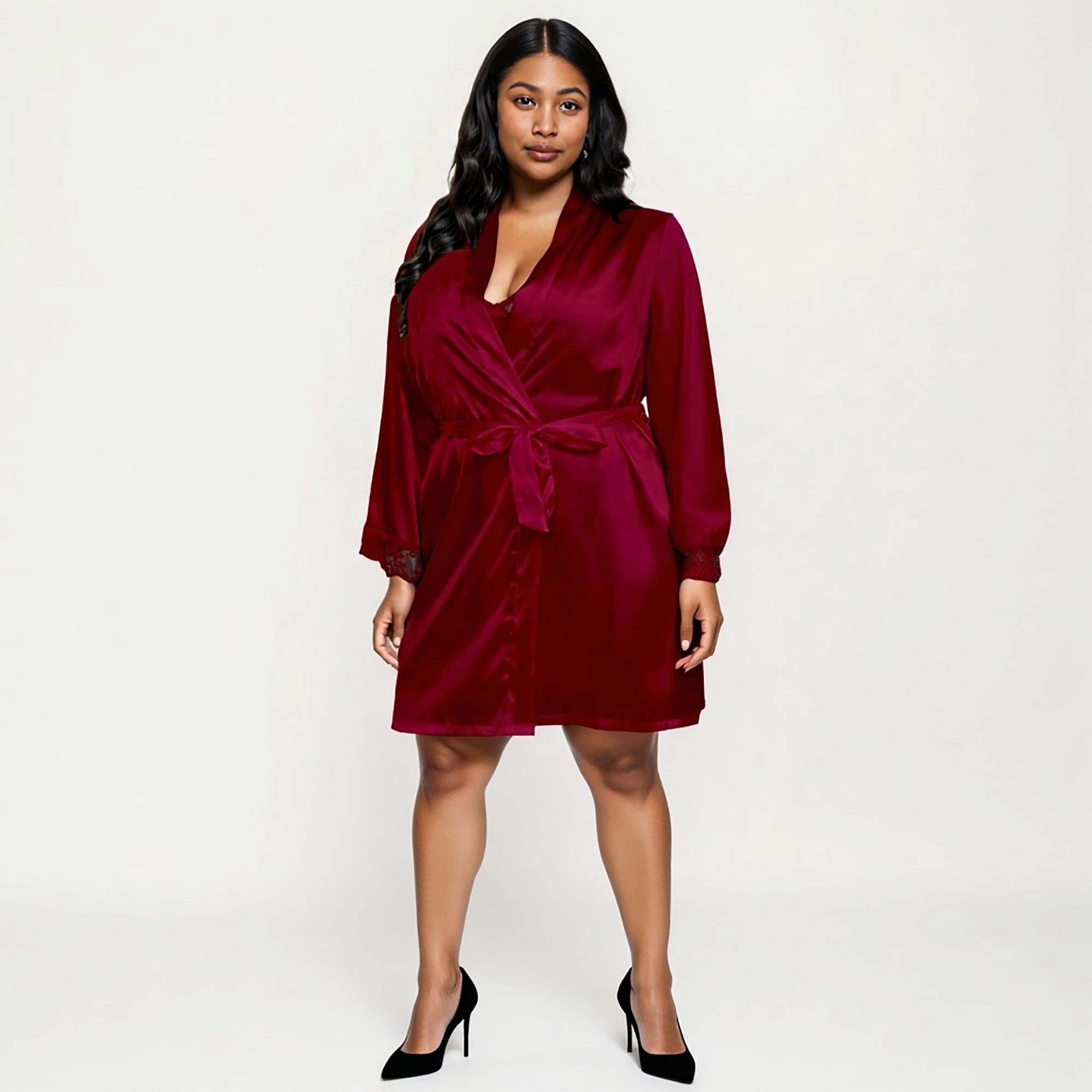 Anna-Kaci Women's Plus Size Satin Robe and Slip Set with Soft Lace Trim on Sleeves and Delicate Sheen