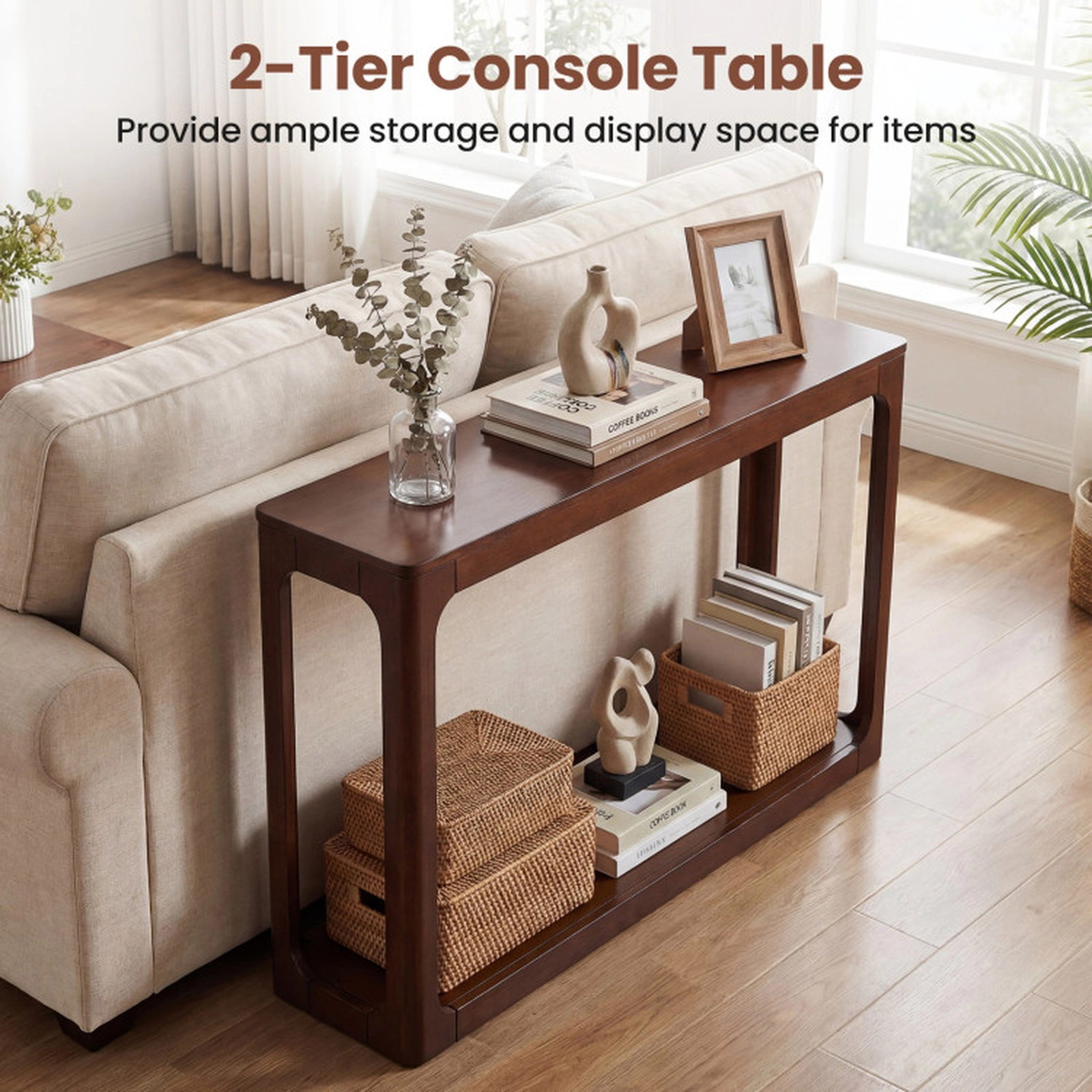SUGIFT 2-Tier Mid Century Rubber Wood Console Table with Storage Shelf 165-lb Capacity 32.5-in Tall Antique Brown