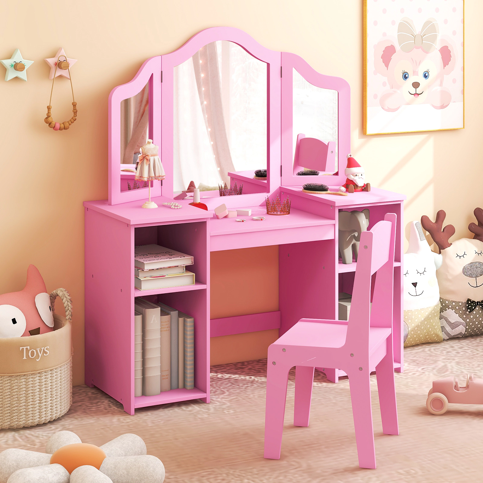 SUGIFT Removable Tri-Folding Mirror and 4 Cubbies Kids Vanity Table Chair Set