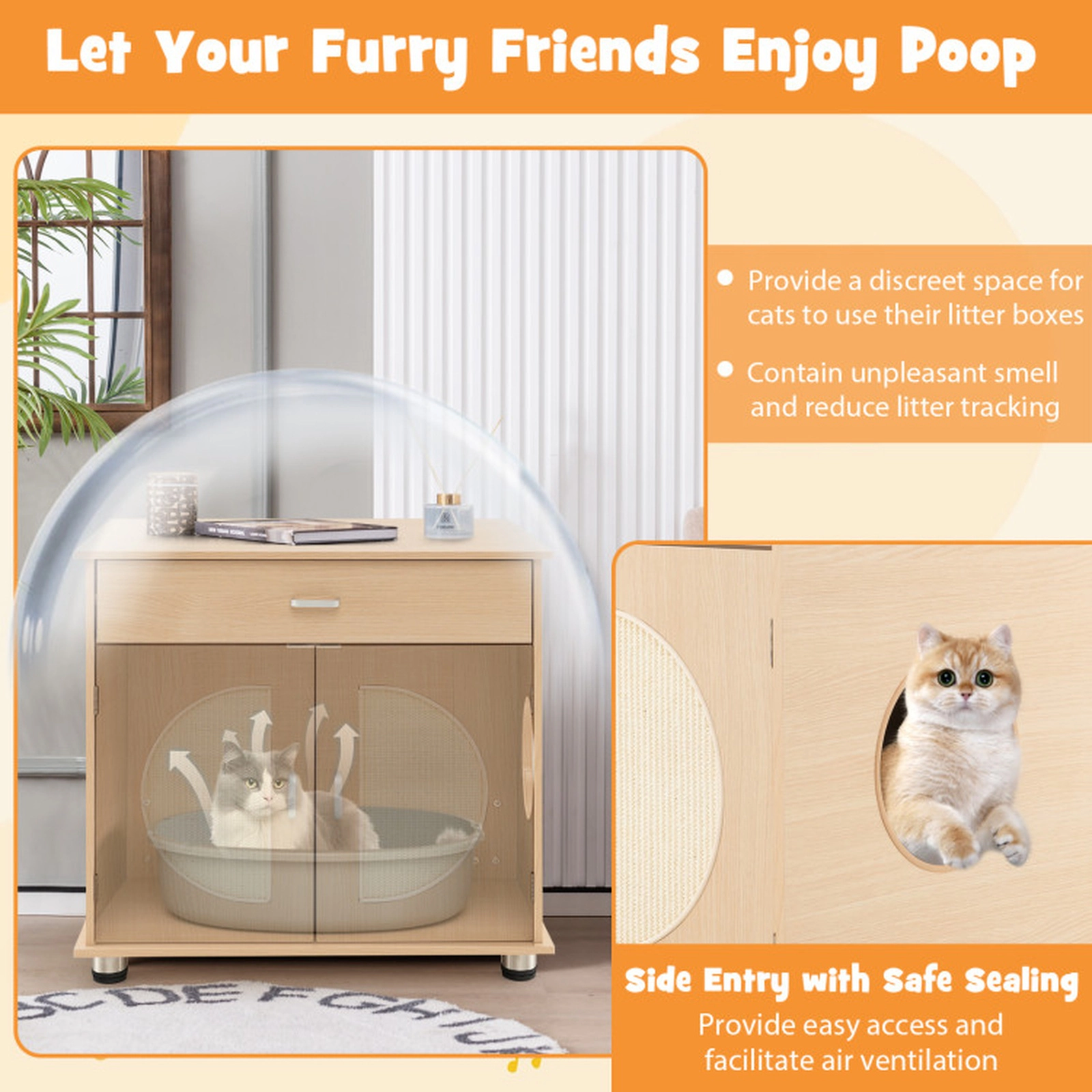SUGIFT Cat Litter Box Enclosure with Sisal Scratching Doors and Storage 66-lb Tabletop Capacity Natural 1-Pc