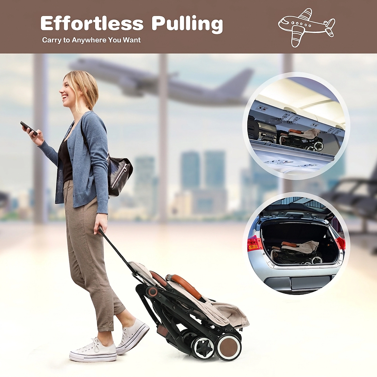 SUGIFT Baby Beige Lightweight Aluminum Stroller with Pull Rod 28.5-in W 20.5-in D 38-in H 33-lb Seat Capacity