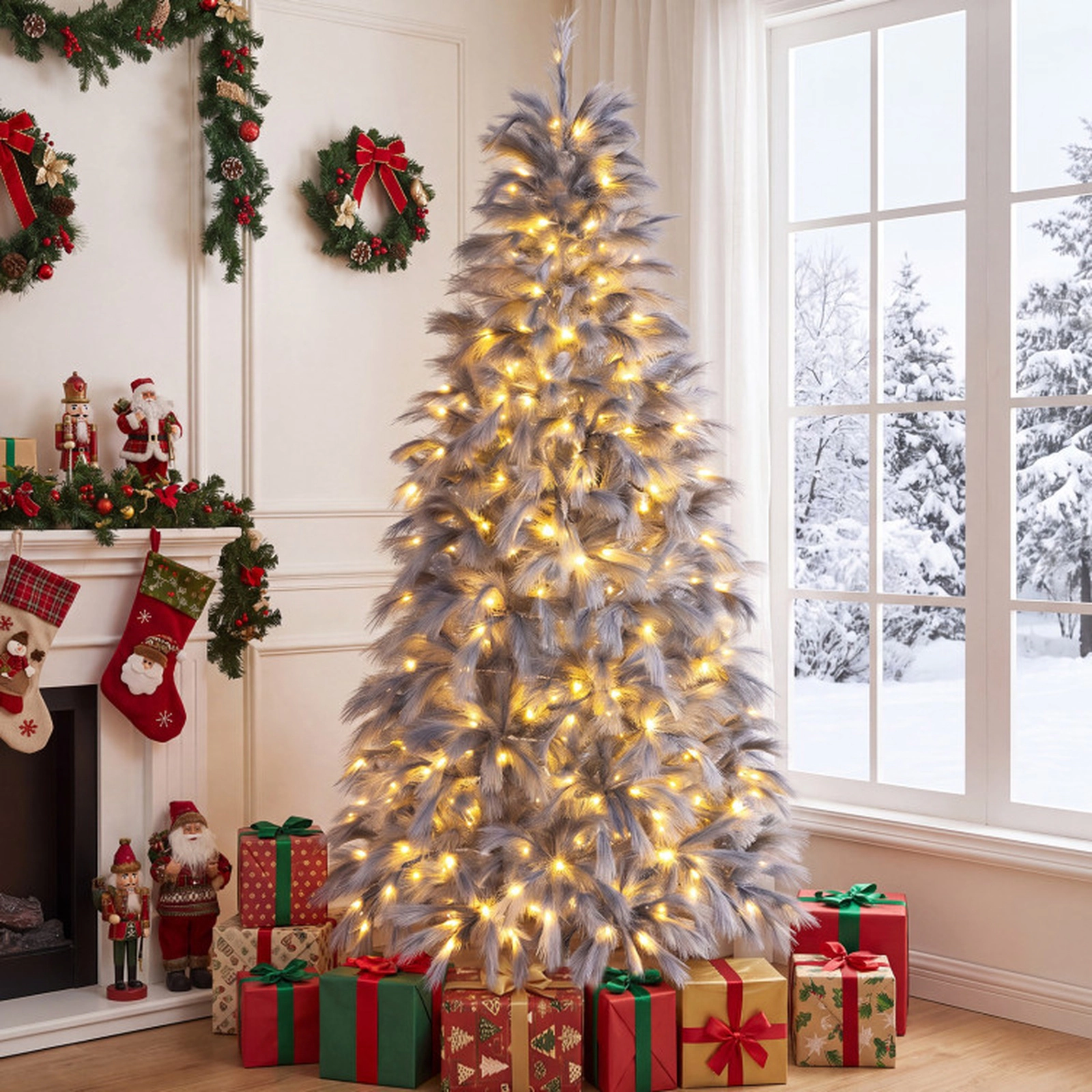 SUGIFT 7-ft Gray Pre-Lit Artificial Christmas Tree with 614 Feather-Inspired Tips and 250 Warm White LED Lights