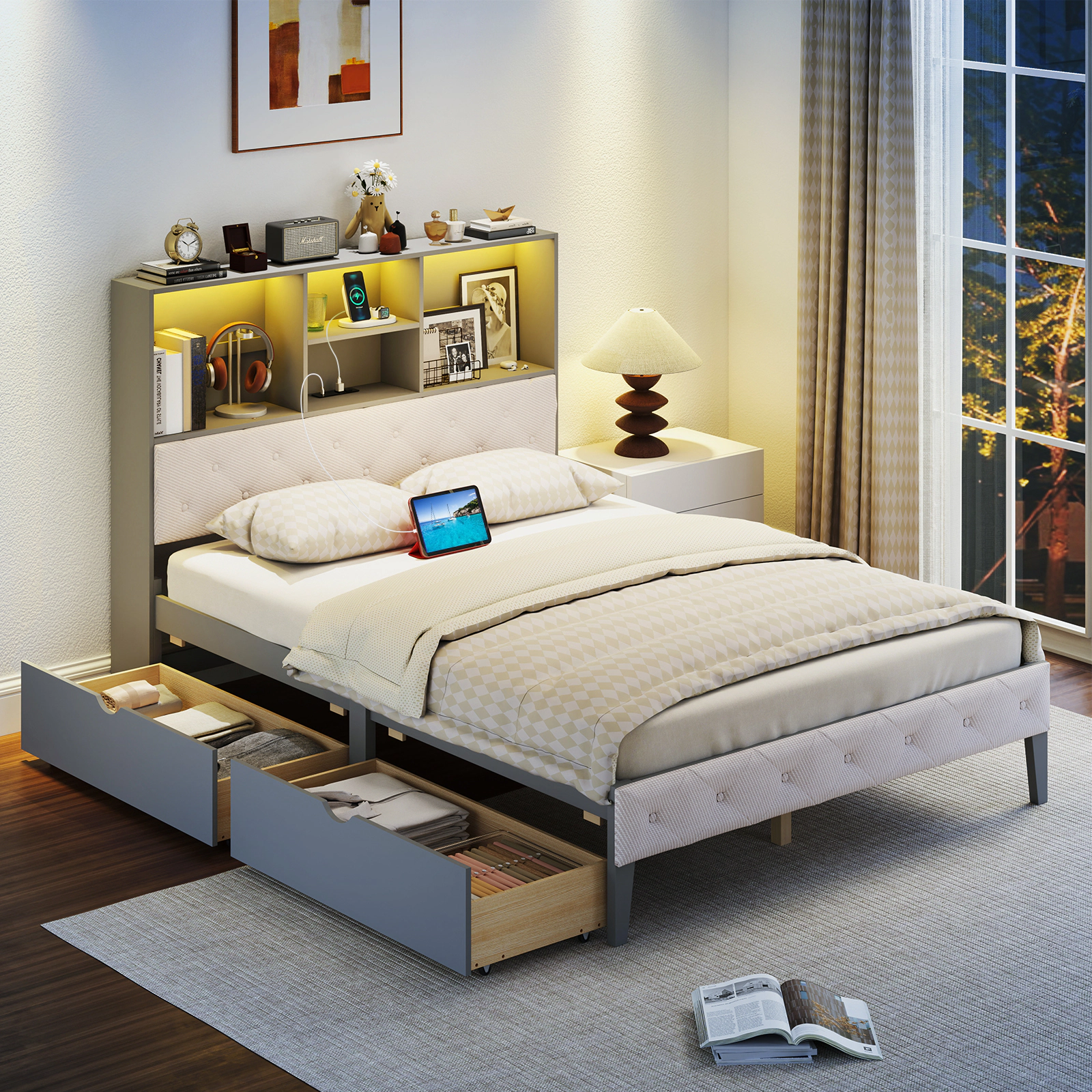 SUGIFT Full Bed Frame with LED Bookcase Headboard, Charging Station, 4 Cubes and 2 Drawers