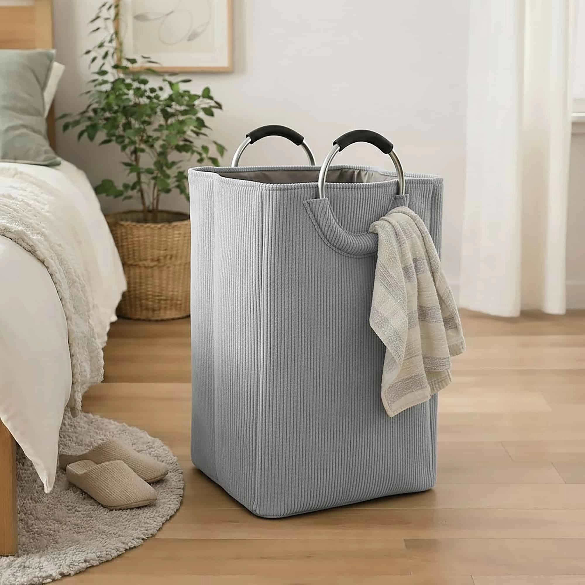 Evideco French Home Goods 55L Corduroy Laundry Hamper - Rectangular, EVA-Lined, Foldable
