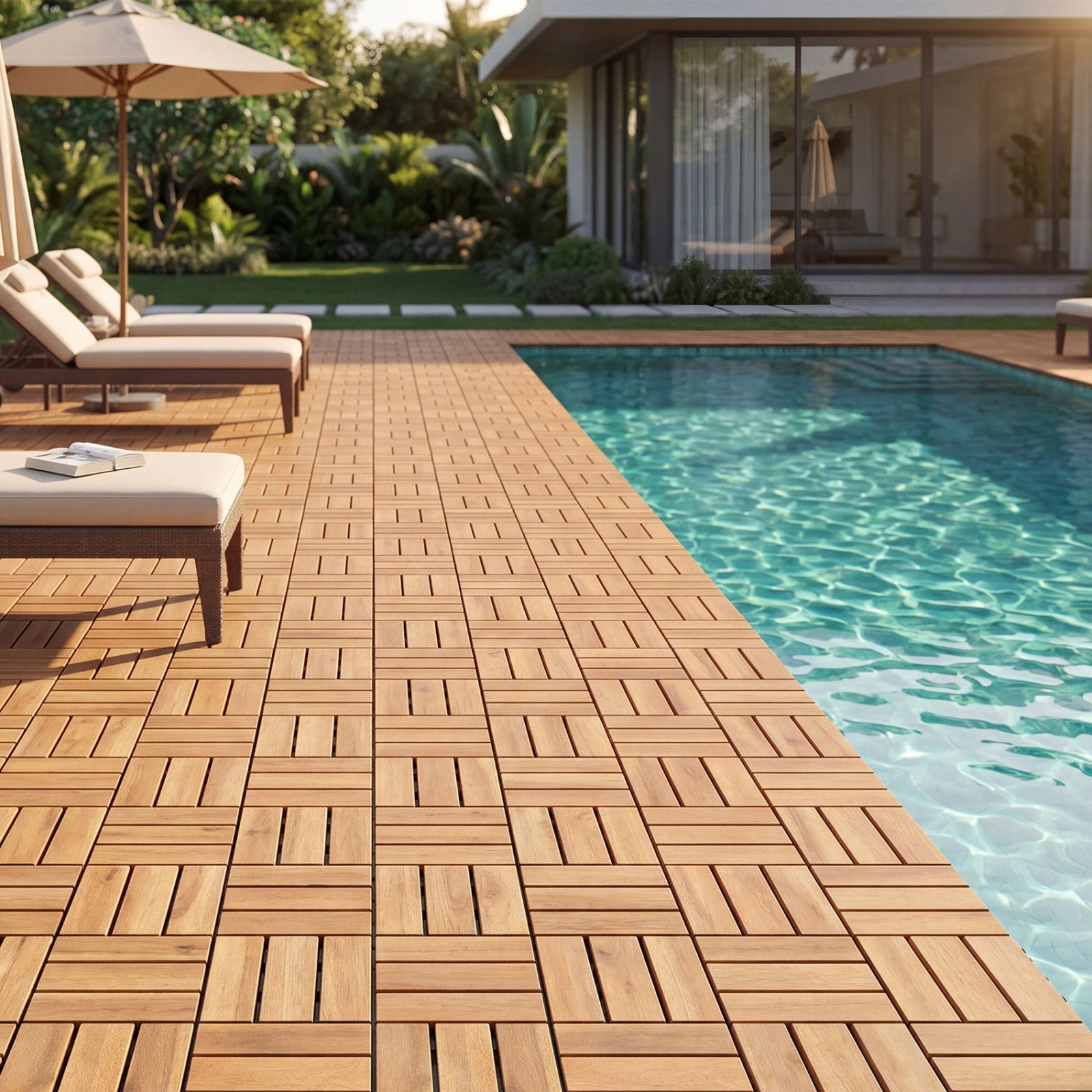 SUGIFT 12 x 12-in Interlocking Acacia Wood Deck Tiles Mat 500-lb Capacity 27-Piece Set Natural Color