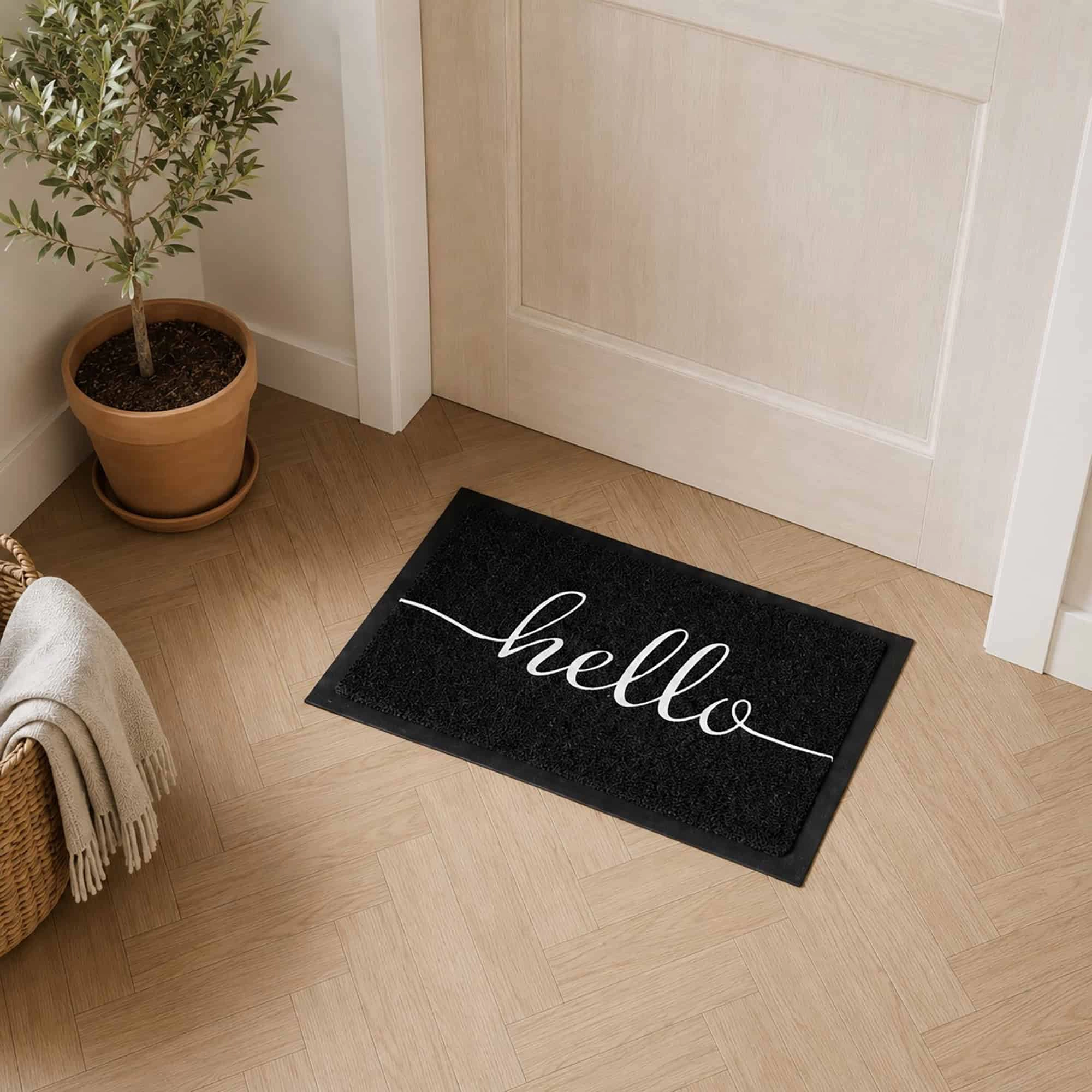 Evideco French Home Goods Black Hello PVC Doormat 30 x 18 Inches
