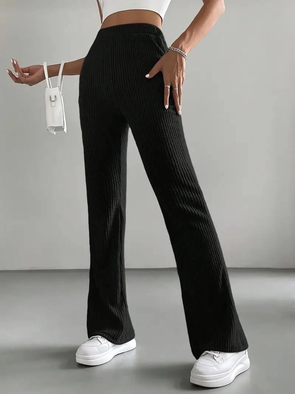 Enchanted Funland Womens High Waist Flare Ribbed Knit Stretch Bootcut Pants