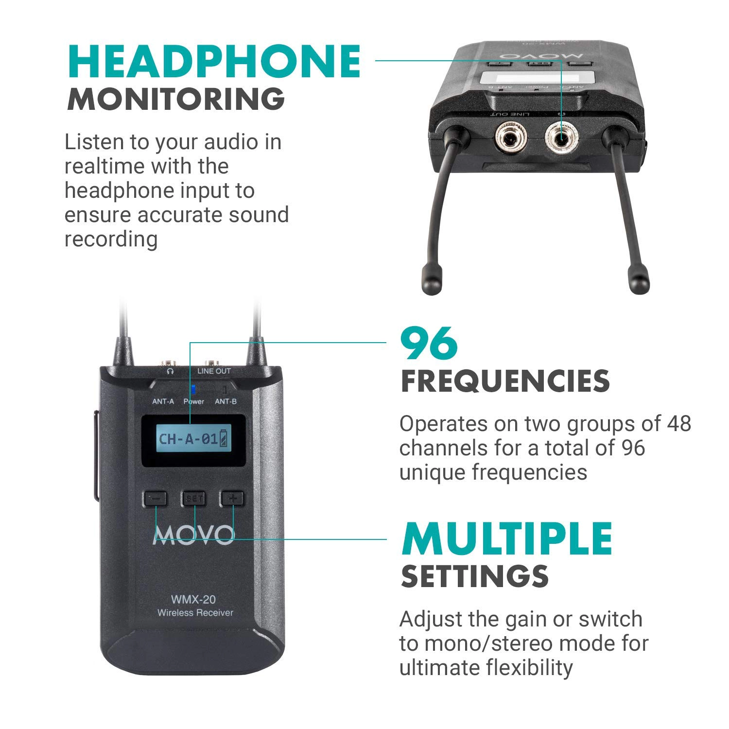 Movo WMX-20-DUO 48-Channel UHF Wireless Lavalier Microphone System Compatible with DSLR Cameras
