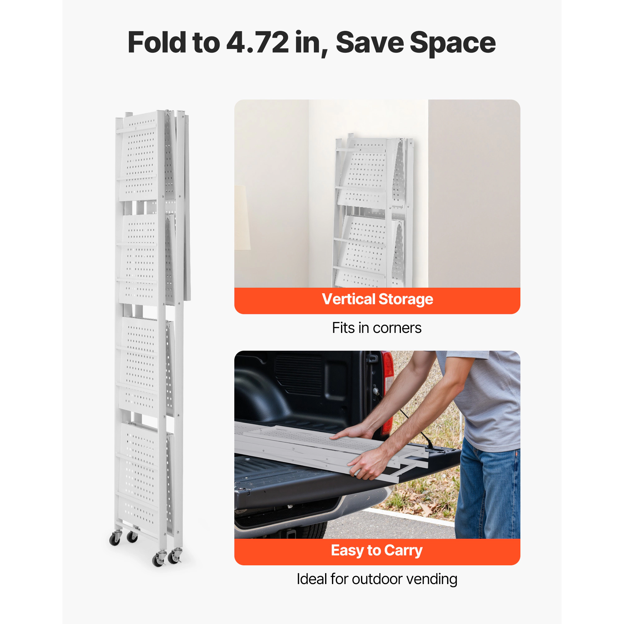 HONGGE Foldable Storage Shelf Folding Metal Rack Shelving Unit No Assembly Organizer Shelf with 5 Wheels & 4 Hooks for