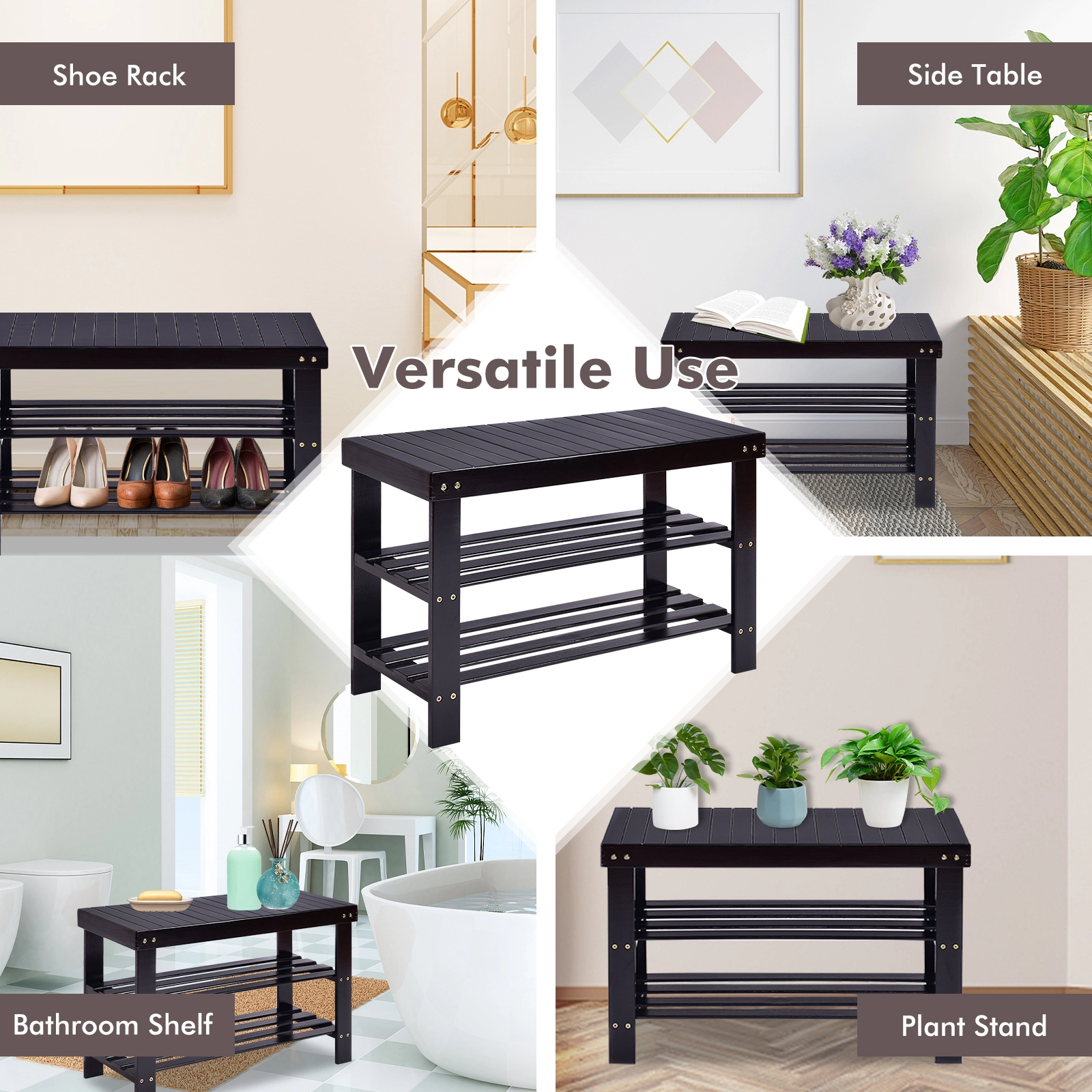 SUGIFT 3-Tier Black 27.5-in 220-lb Capacity Bamboo Shoe Rack Bench with Storage Shelf for Entryway