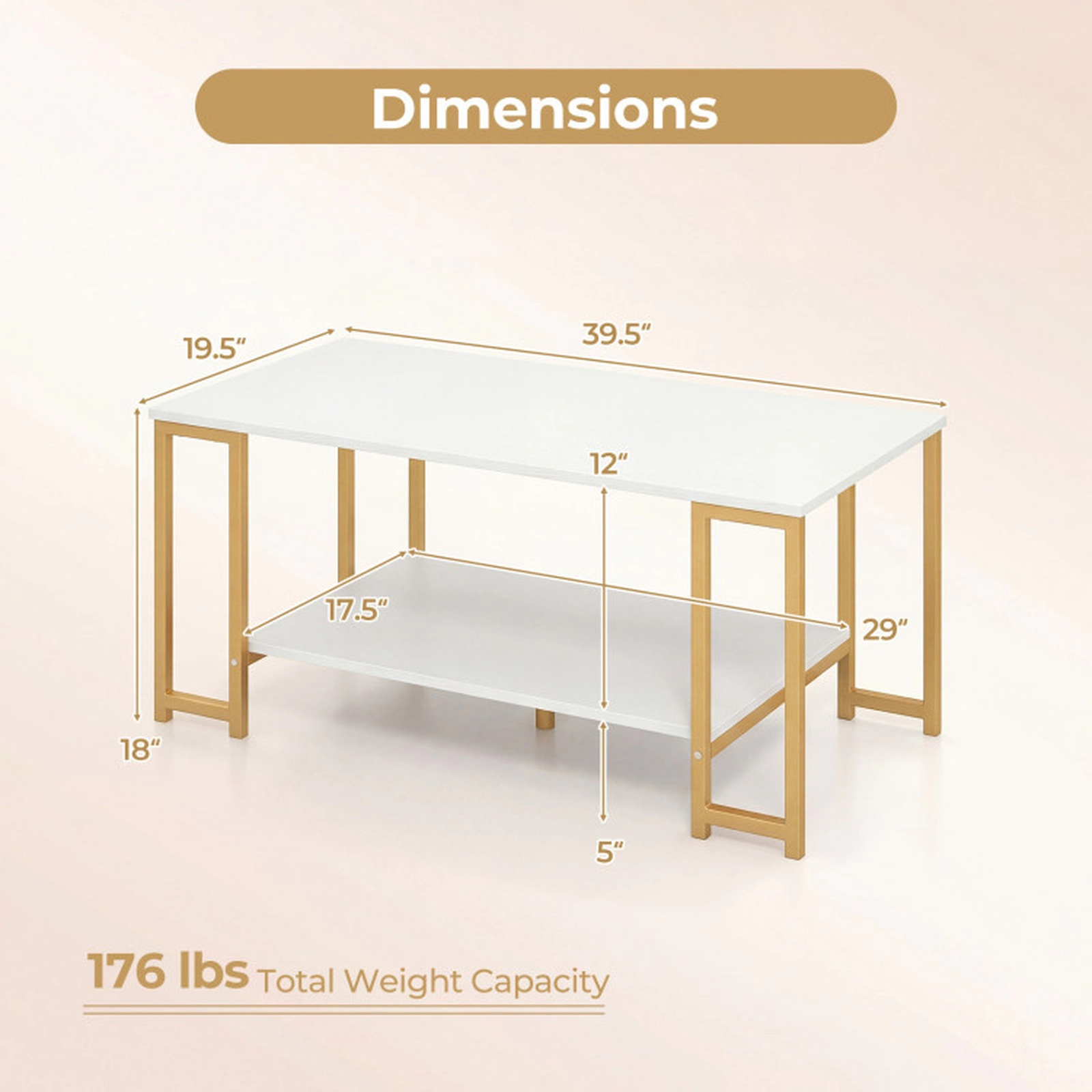 SUGIFT 2-Tier Open Shelf Gold Metal Frame Modern Coffee Table 39.5-in x 19.5-in x 18-in 176-lb Capacity White