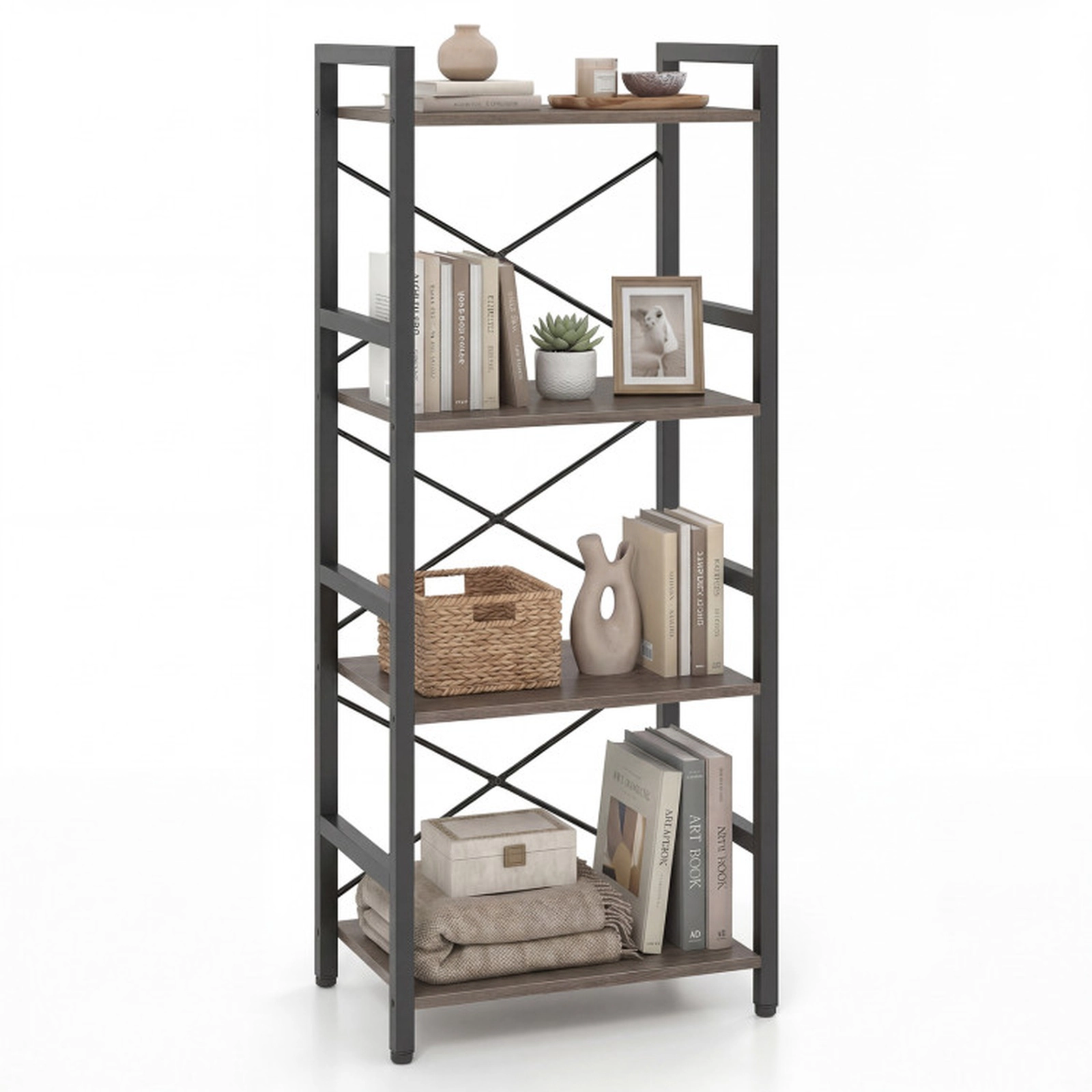 SUGIFT 4-Tier Narrow Freestanding Bookshelf Display Shelf 132-lb Capacity Rustic Brown + Black/Gray Oak + Black