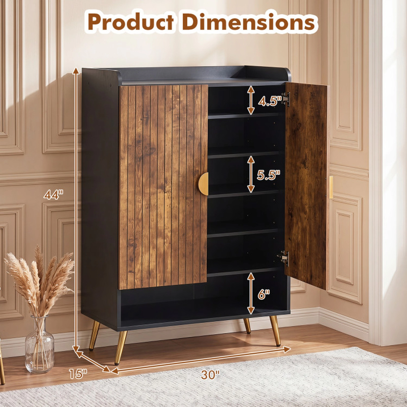 SUGIFT Rustic Brown 7-Tier Doors Adjustable Shelves 44 Inch Tall Shoe Storage Cabinet