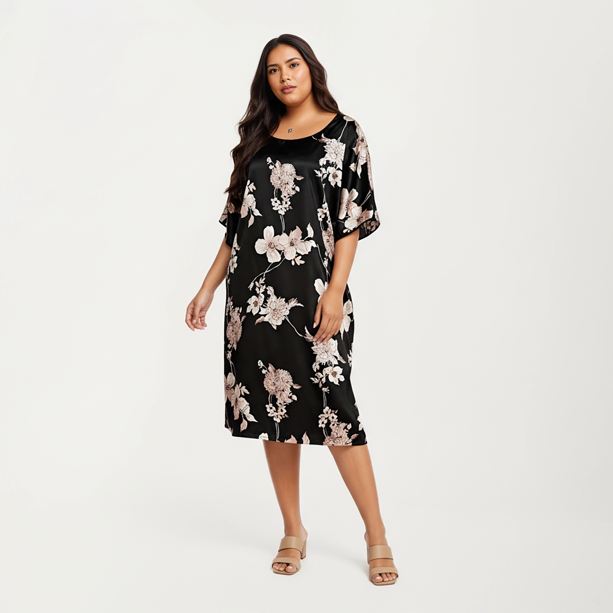 Anna-Kaci Women's Plus Satin Nightgown Allover Floral Print Relaxed Fit Scoop Neckline and Flowing Short Sleeves