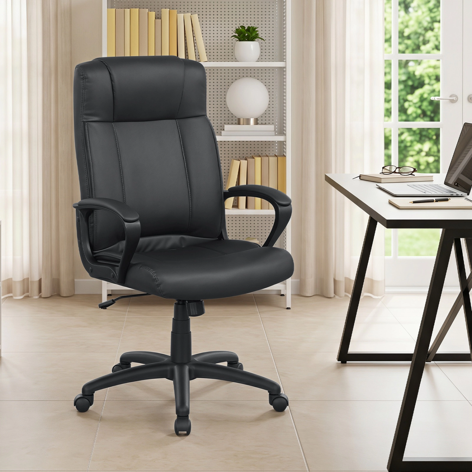 SUGIFT Black Faux Leather Mid-Back Office Chair with Rocking Backrest and Armrests