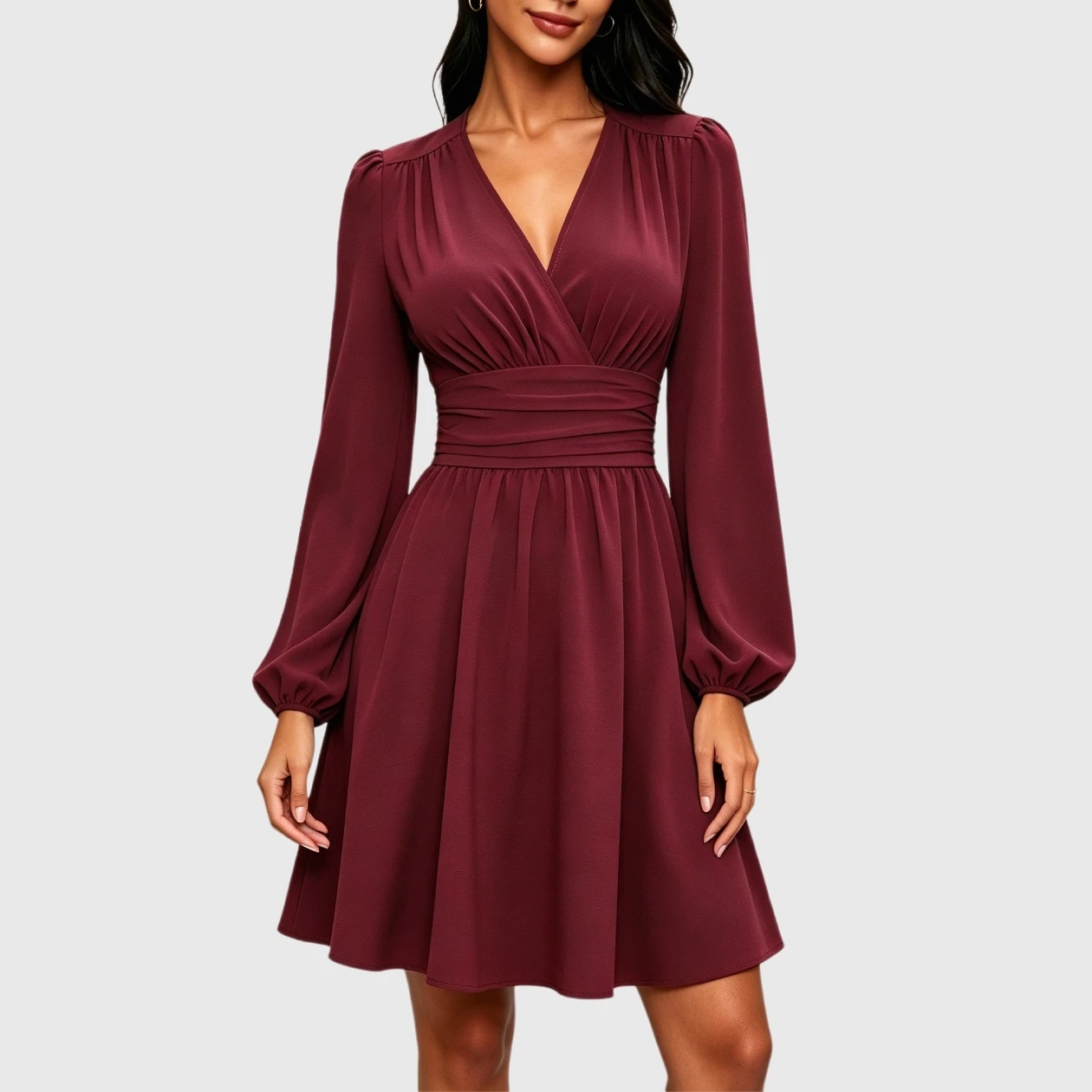 YesFashion Women V Neck Long Sleeve Mini Dress Casual High Waist A-Line Cocktail Wedding Guest