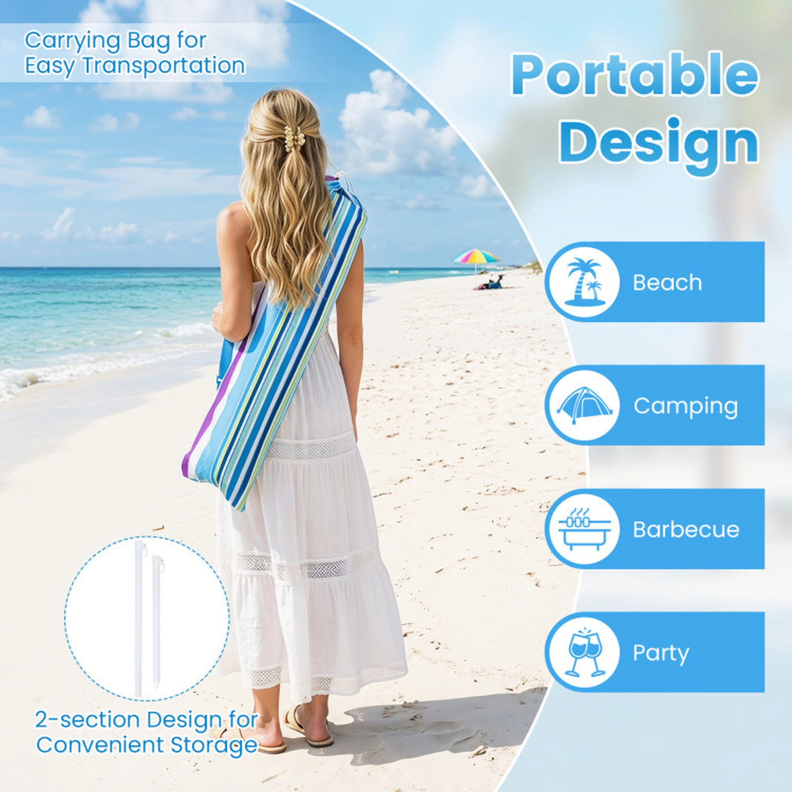 SUGIFT UPF 50+ Silver-Coated Beach Umbrella Sand Anchor & Cup Holder 7-ft Canopy 16-in Anchor 2.5-in Cup Holder Blue