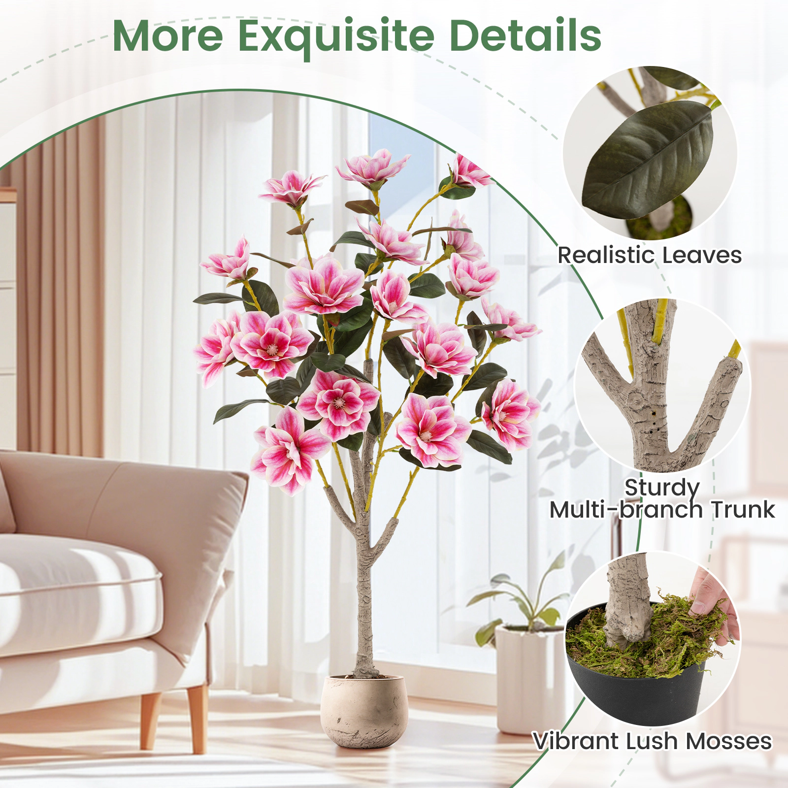 Slickblue Artificial Magnolia Tree with Blooming Flowers and Multi Branch Trunks for Home Decor