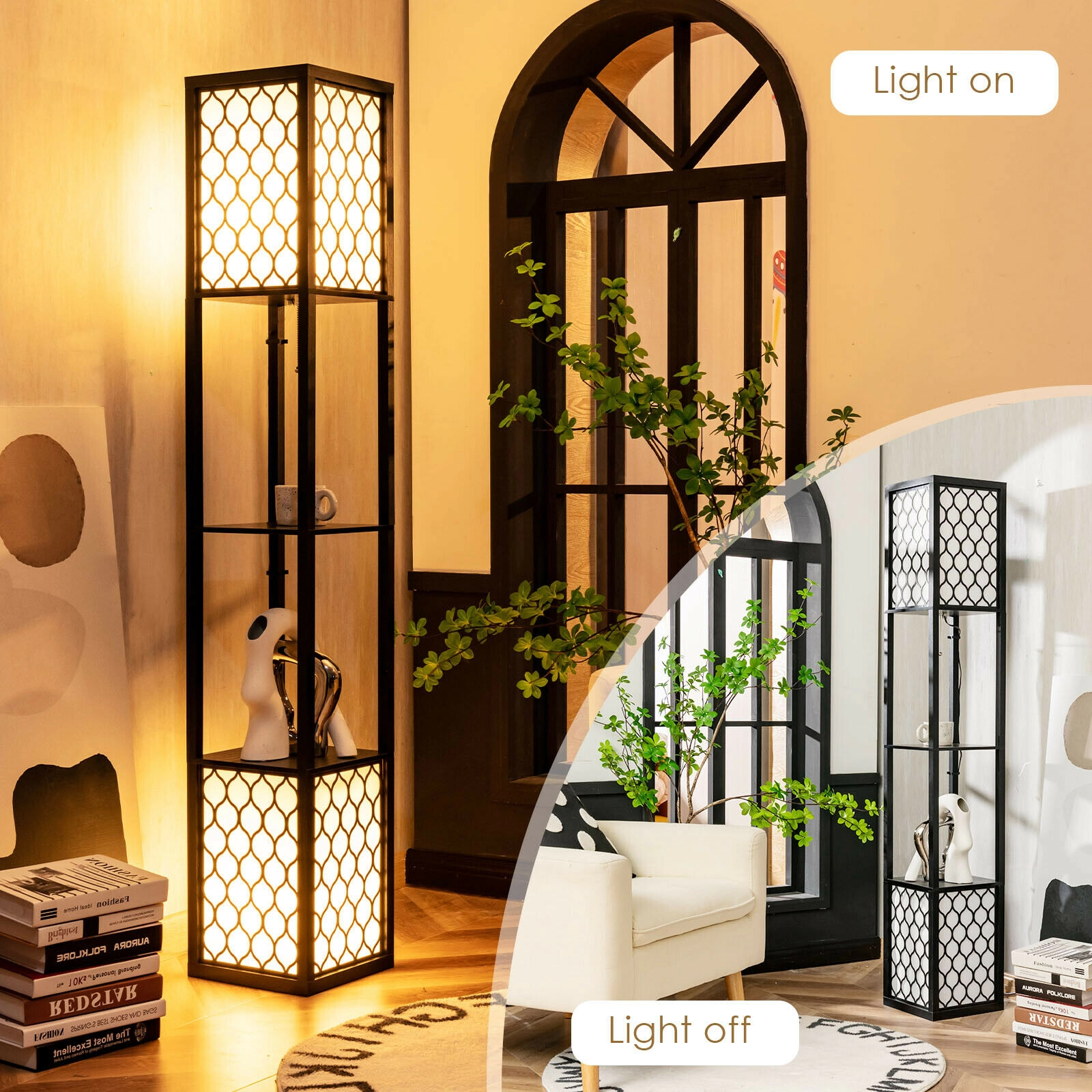 Slickblue 2-Light Shelf Floor Lamp 62in Black White with 2-Tier Storage Shelves Bedroom