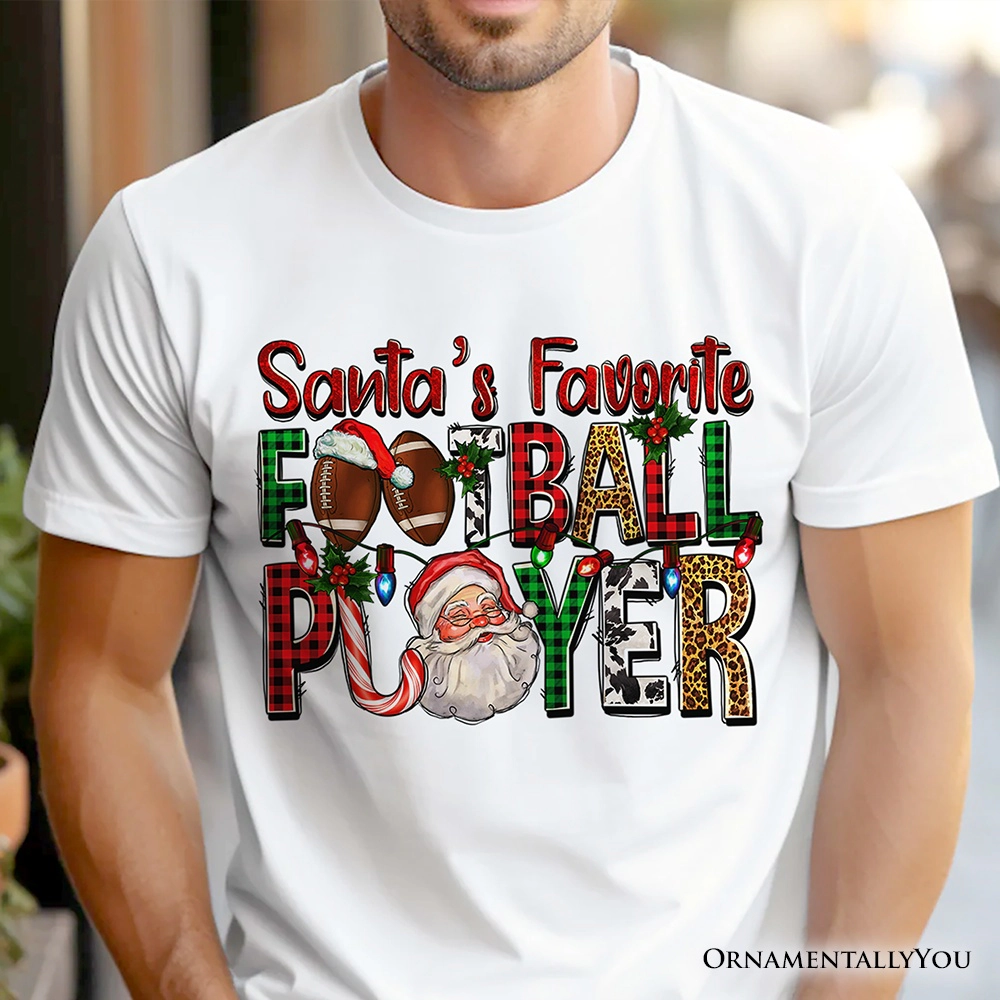 OrnamentallyYou Mens Santa's Favorite Football Player Plaid Christmas T-Shirt
