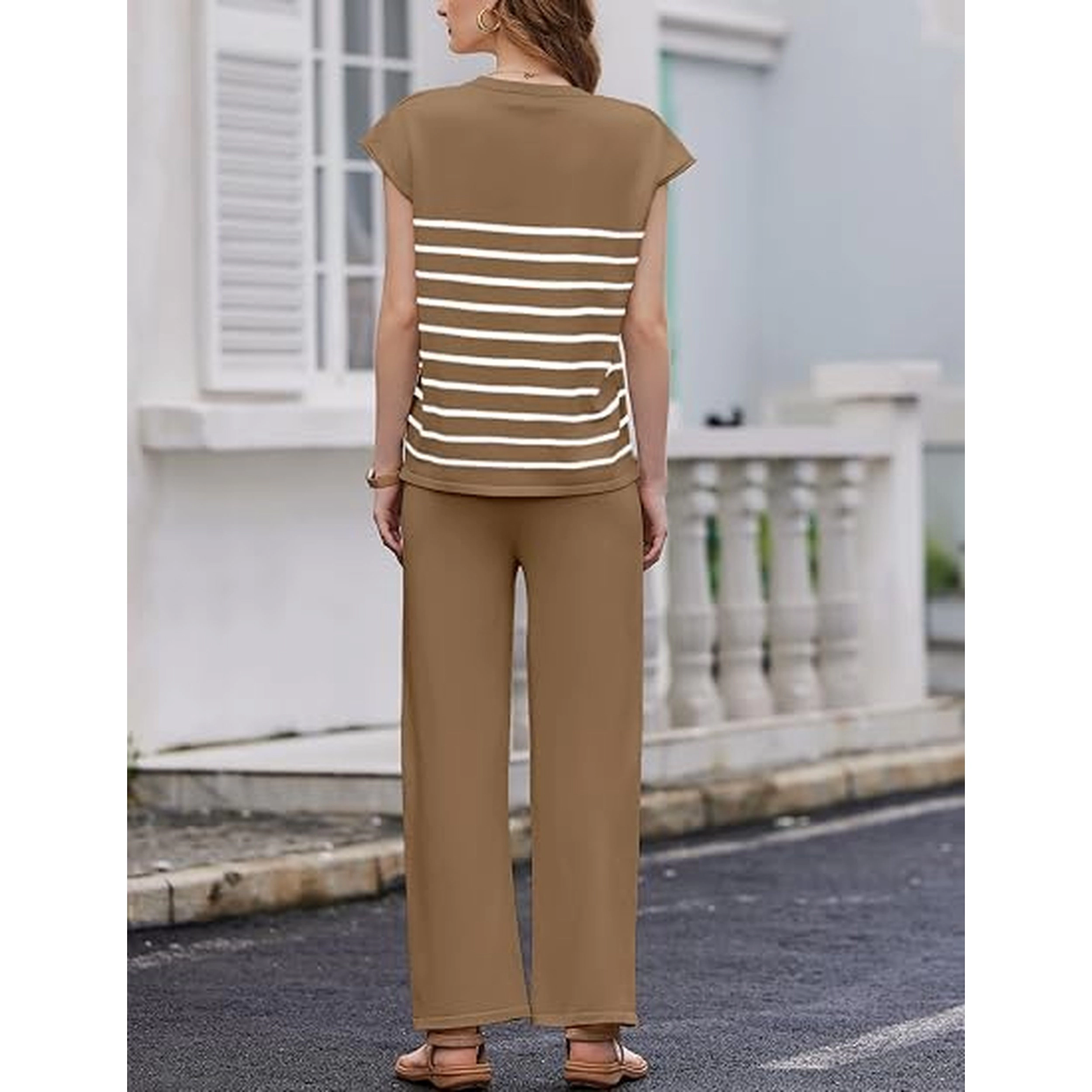 Ekouaer Women's Knit Lounge Set with Striped Top and Wide Leg Pants