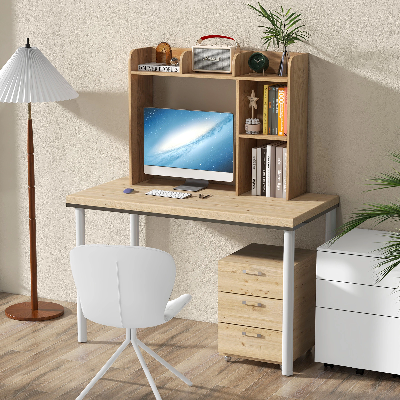 SUGIFT 3-Tier Natural Wood Desktop Bookshelf Desk Hutch with 4 Shelves for 27-in Monitor and Organizer