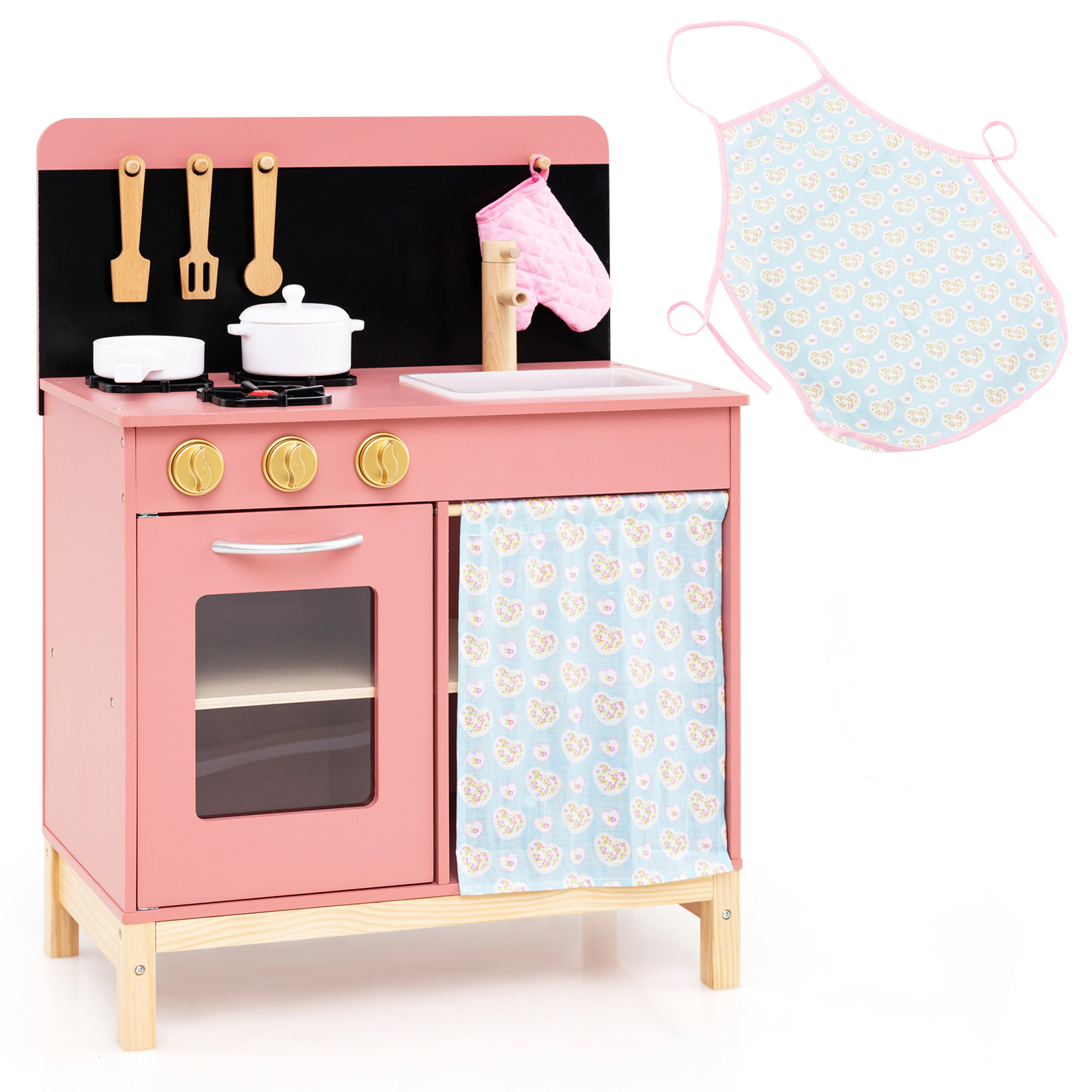 SUGIFT Play Kitchen for Kids with Stove Sink Oven and Door Curtain Ages 3+ Pink with Apron Glove Pan Pot Lid Utensils