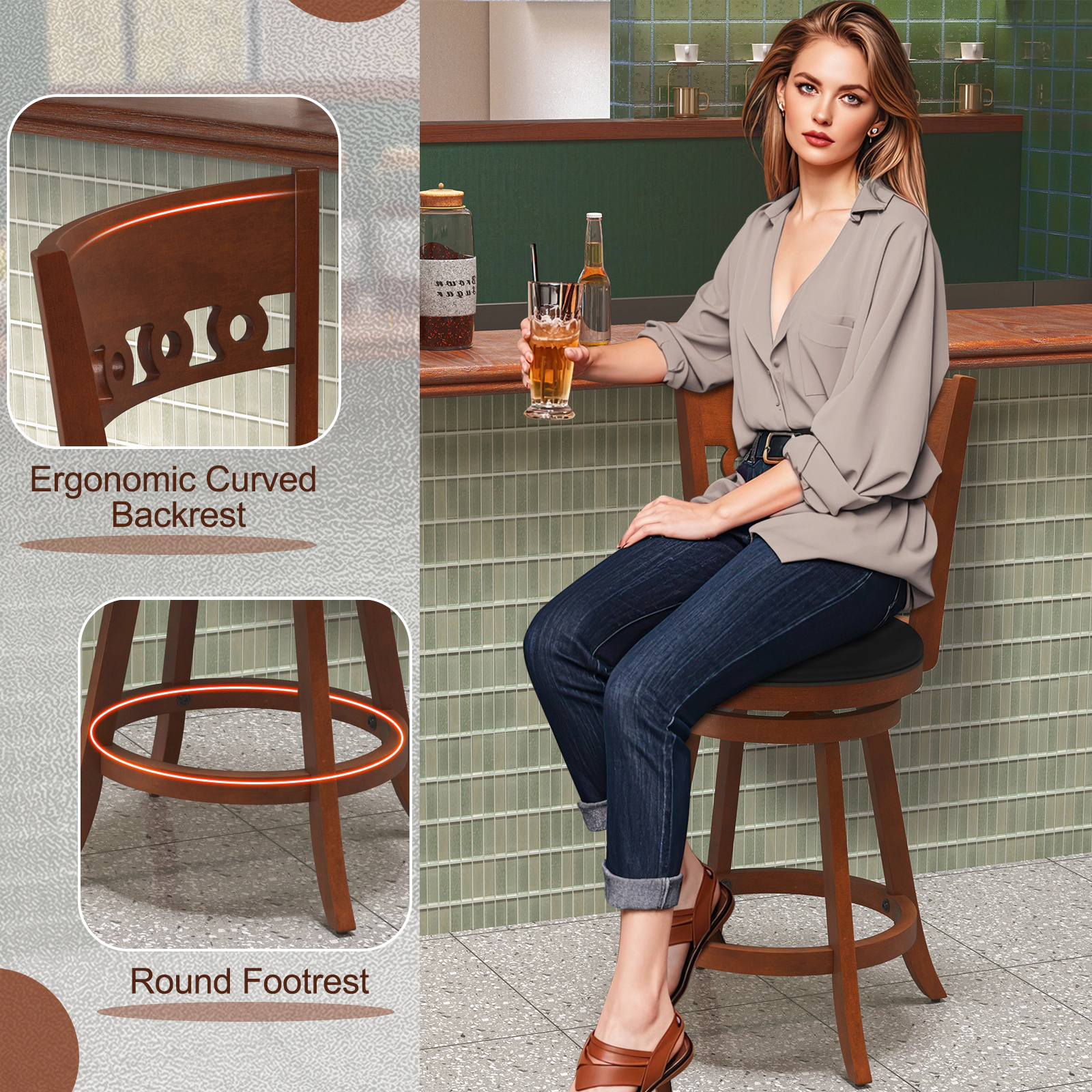 SUGIFT Set of 2 Swivel Rubber Wood Bar Stools 265-Lb Capacity 24.5-in Seat Height Brown & Black