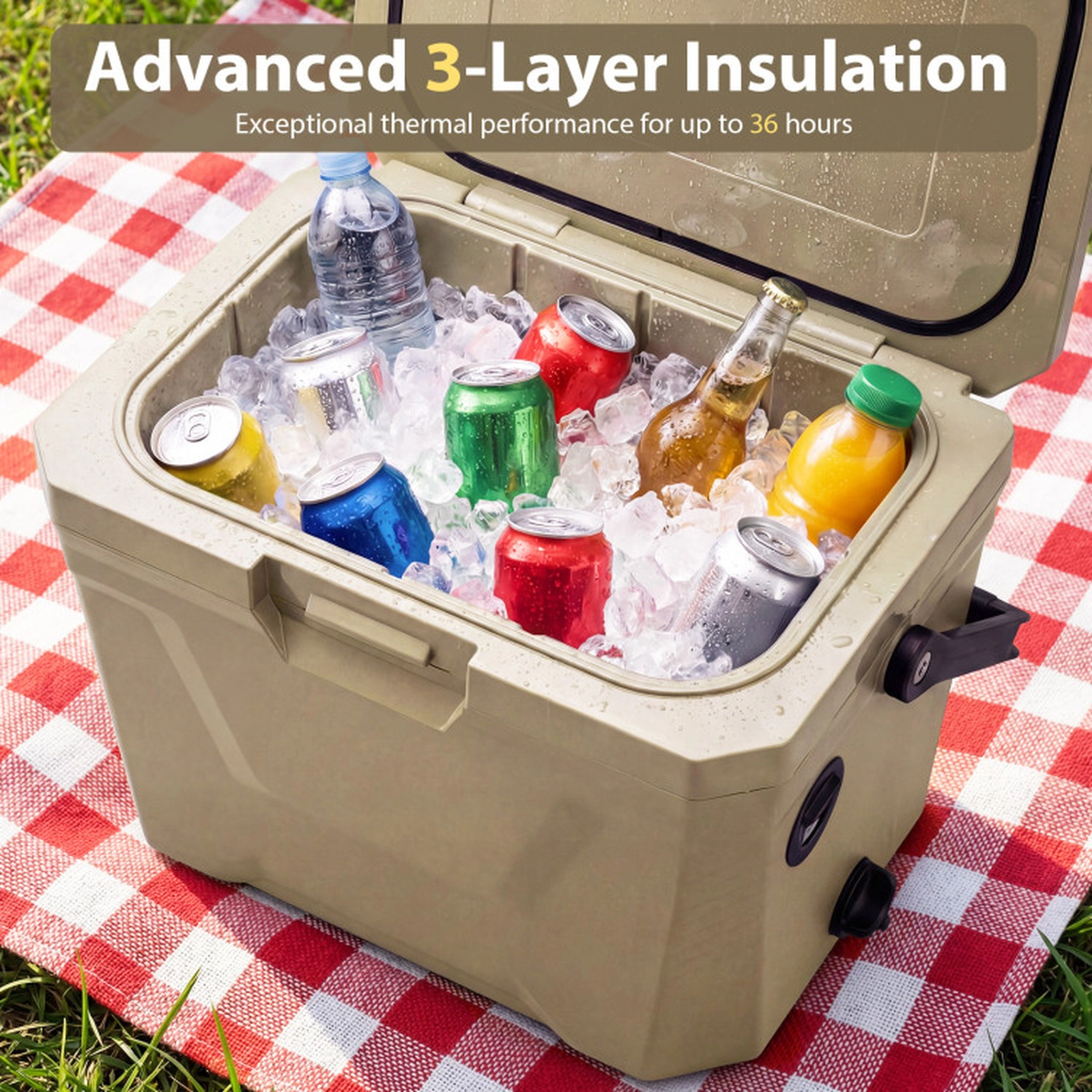 SUGIFT Sand 21-qt Small Hard Shell Insulated Cooler Ice Chest with 2 Cup Holders and Bottle Opener