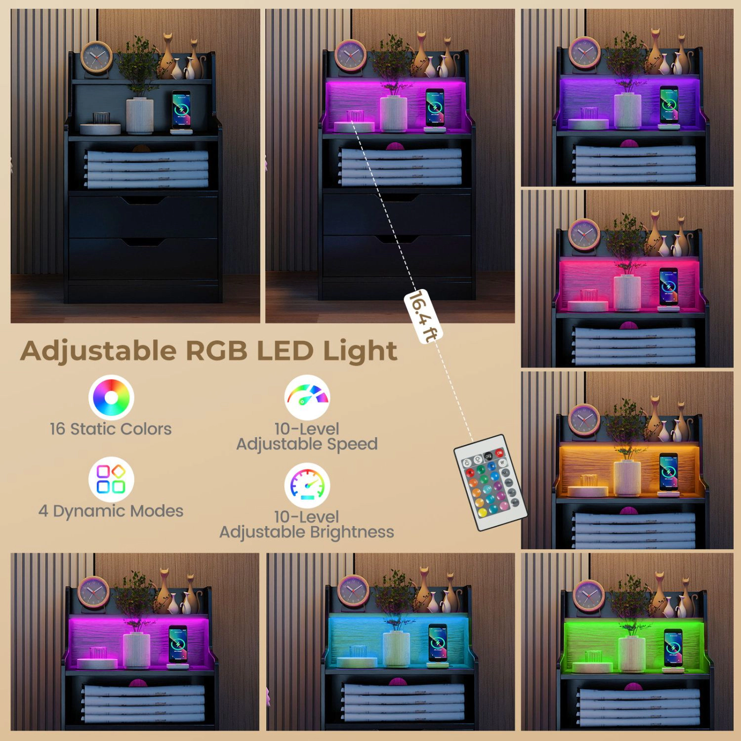 SlickBlue Black LED Nightstand with Charging Station and Drawers