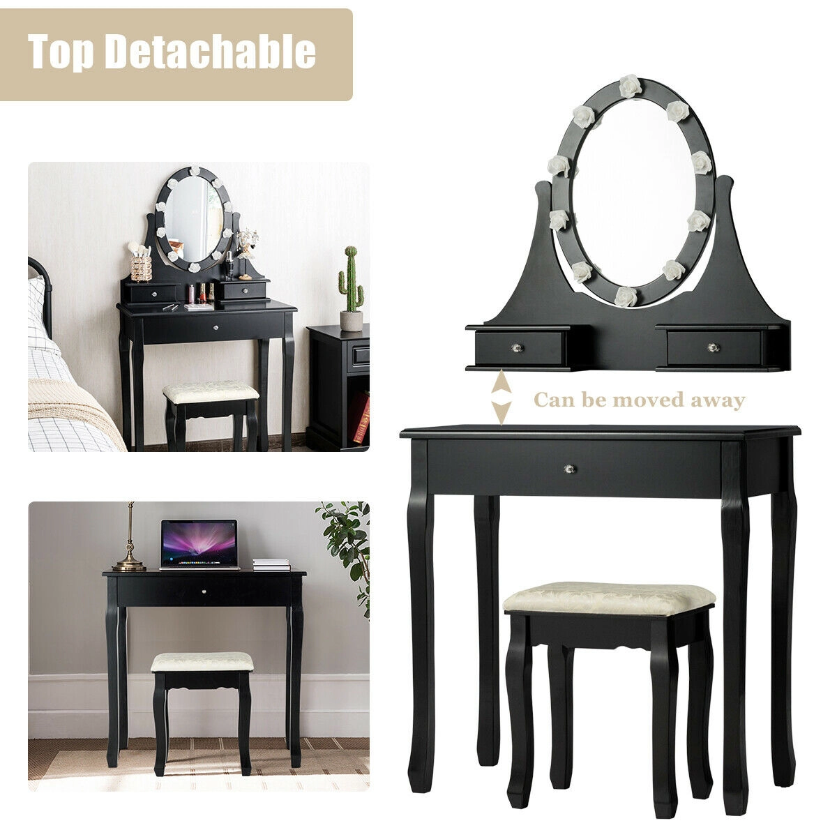 SUGIFT 3-Drawer Lighted Mirror Vanity Dressing Table and Stool Set with 360-Degree Rotating Oval Mirror Black