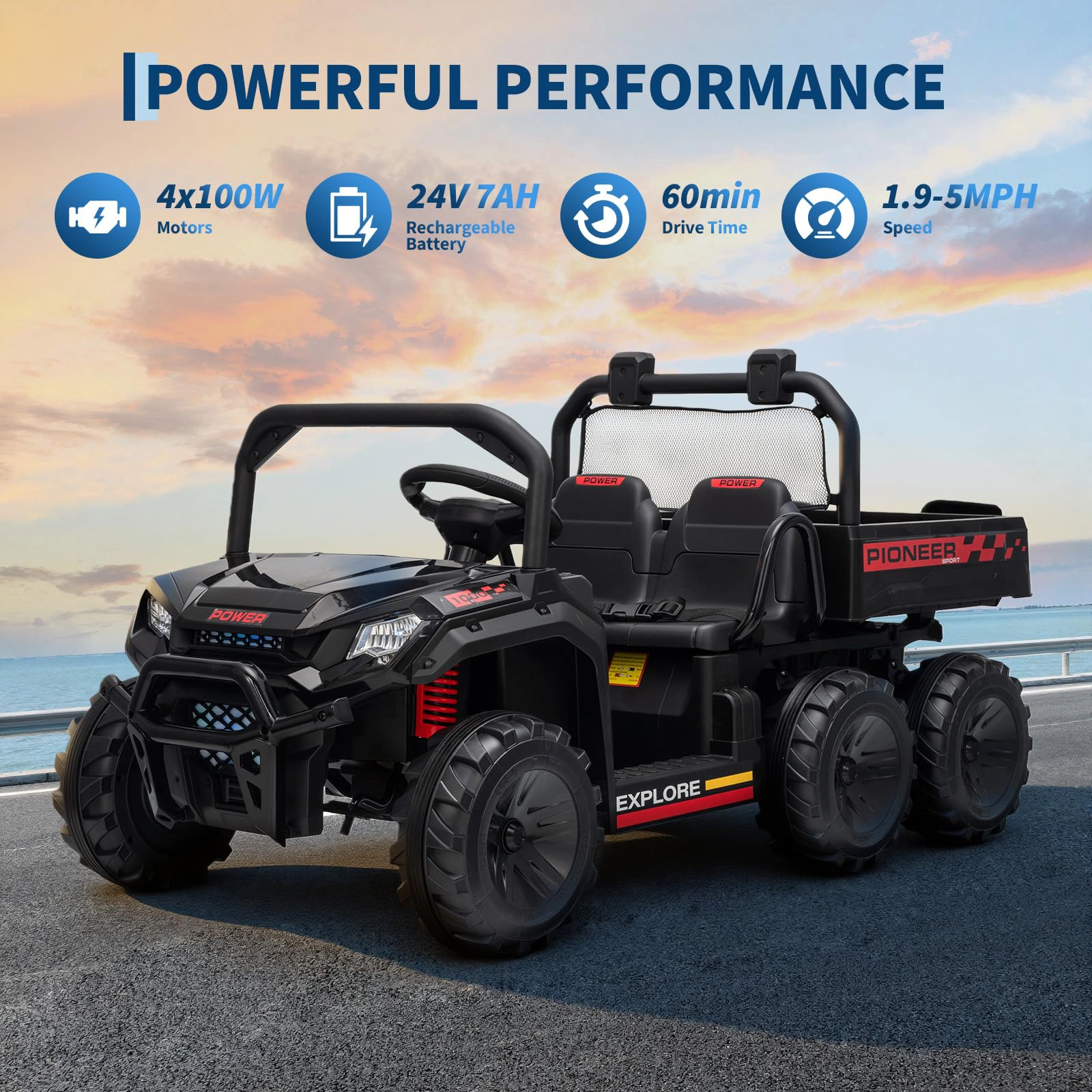Enjyam 24V Ride on Dump Truck for Kids, 2 Seater 4WD Electric Off-Road Vehicle w/Remote, Bed, 3 Speed