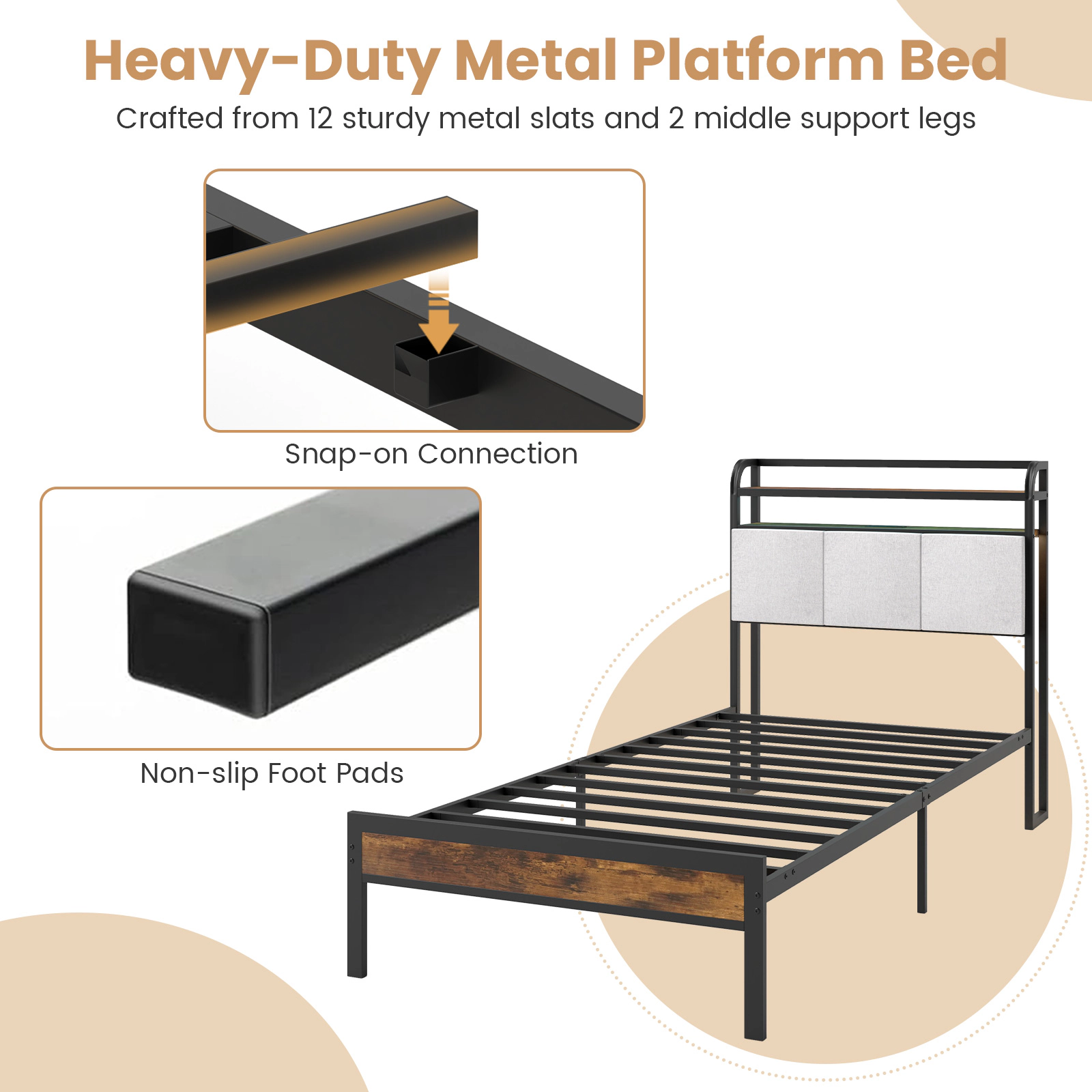 SUGIFT Twin Size 485-lb Bed Capacity LED Bed Frame with Charging Station and 2-Tier Storage Headboard Rustic Brown
