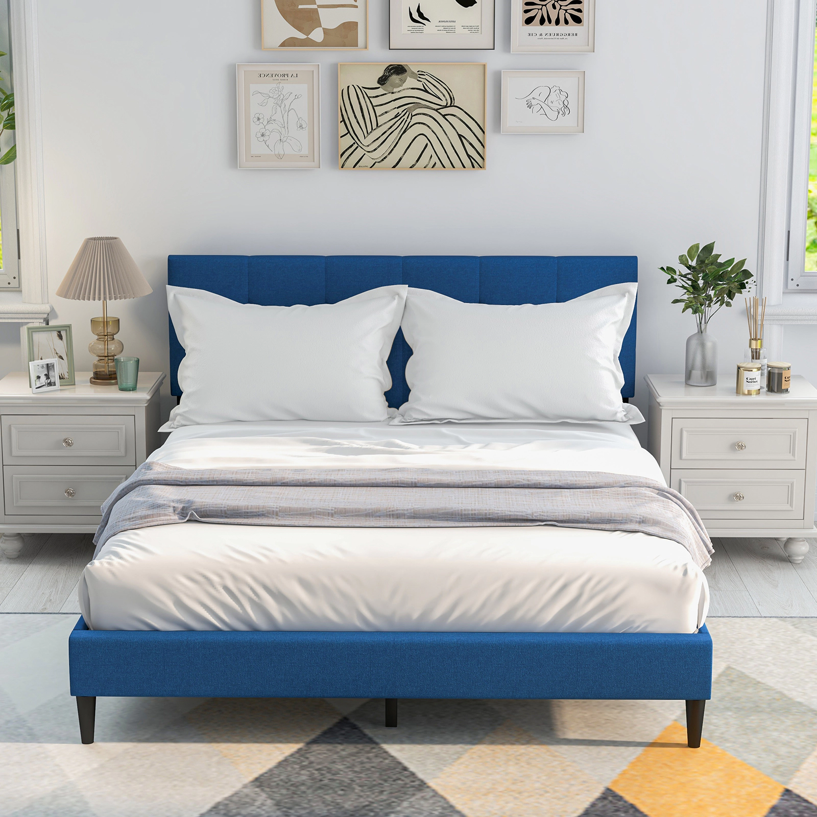 Queen Size Upholstered Platform Bed with Button Tufted Headboard Blue Linen Bed with Wooden Slat Support