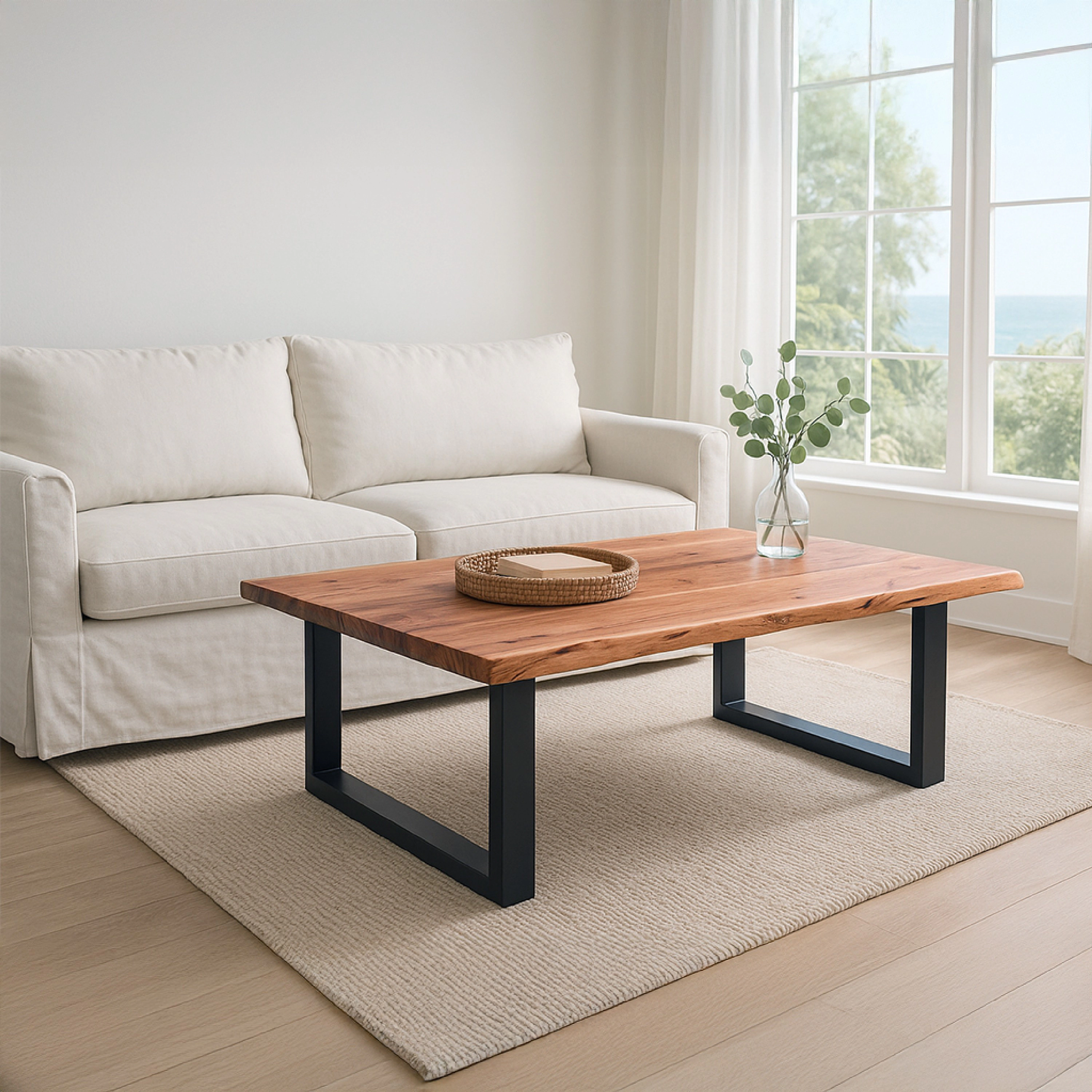 The Urban Port 45 Inch Acacia Wood Rectangular Coffee Table, Live Edge, Black Powder Coated Metal Base, Natural Brown