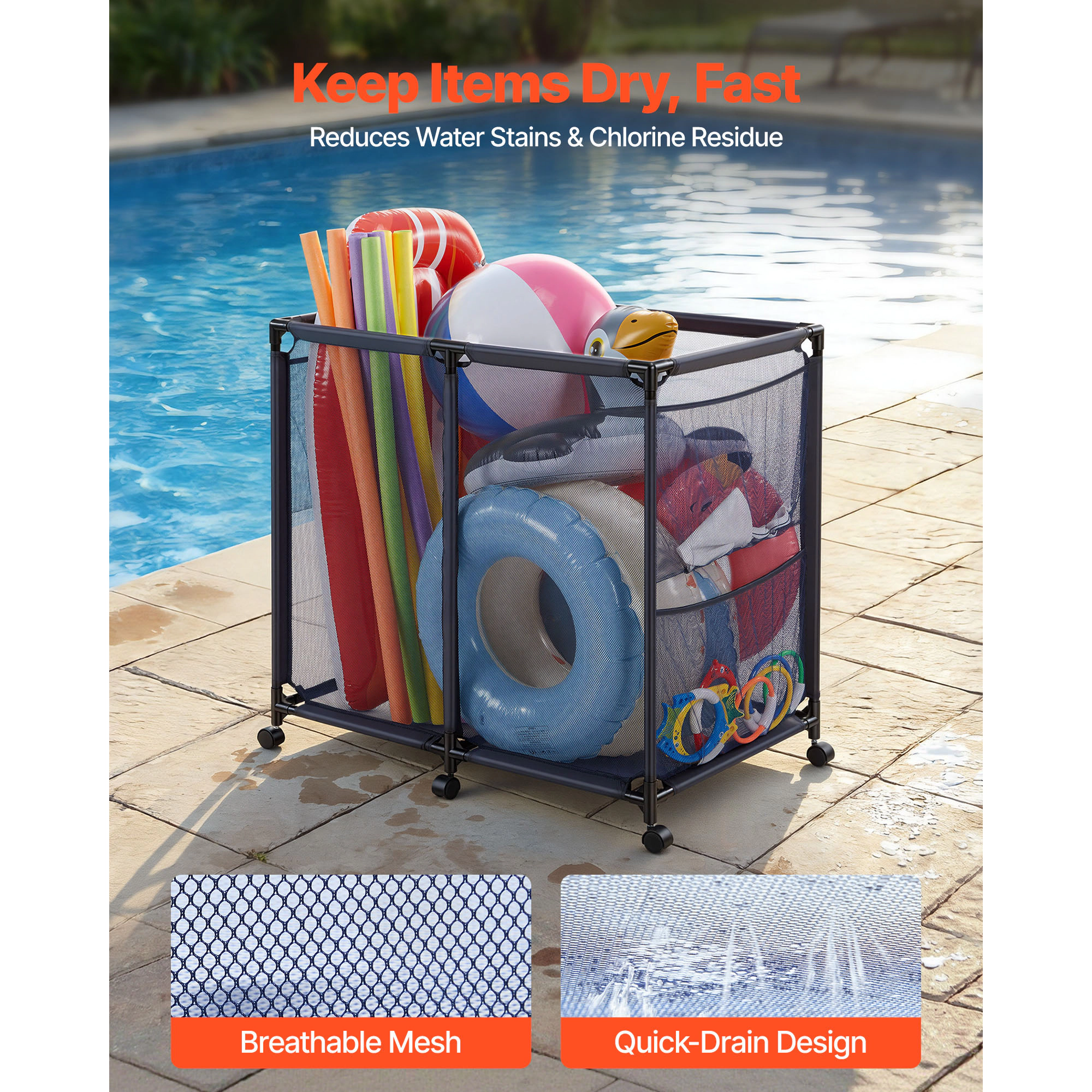 HONGGE Pool Storage Bin Rolling Organizer with Side Pockets & Casters Heavy Duty Frame Poolside Toys Noodles Holder