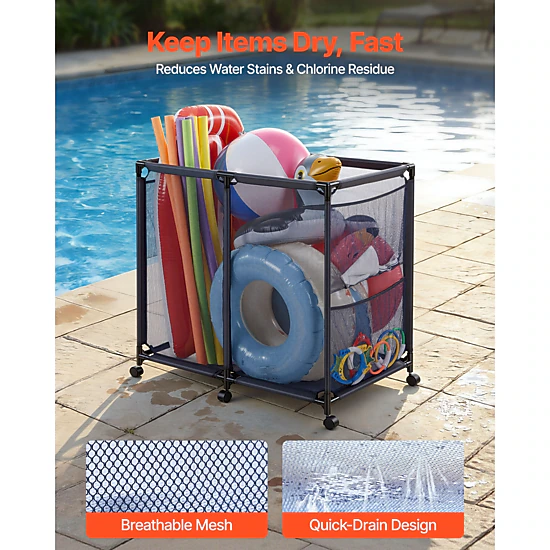 HONGGE Pool Storage Bin Rolling Pool Storage Organizer with Frame Poolside Toys Noodles Holder Mesh Basket