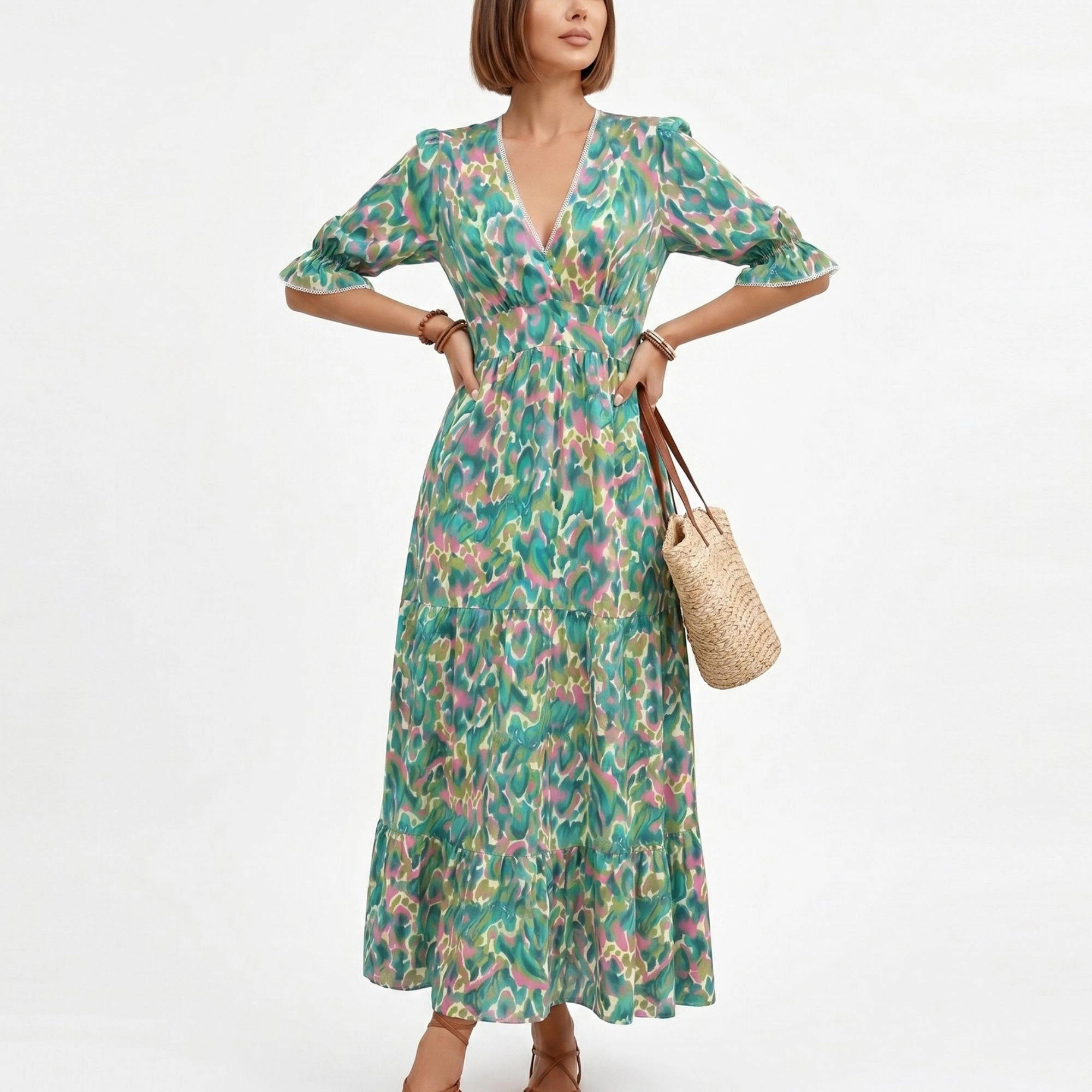Anna-Kaci Women's Printed V-Neck Smocked Waist Tiered Skirt Midi Dress