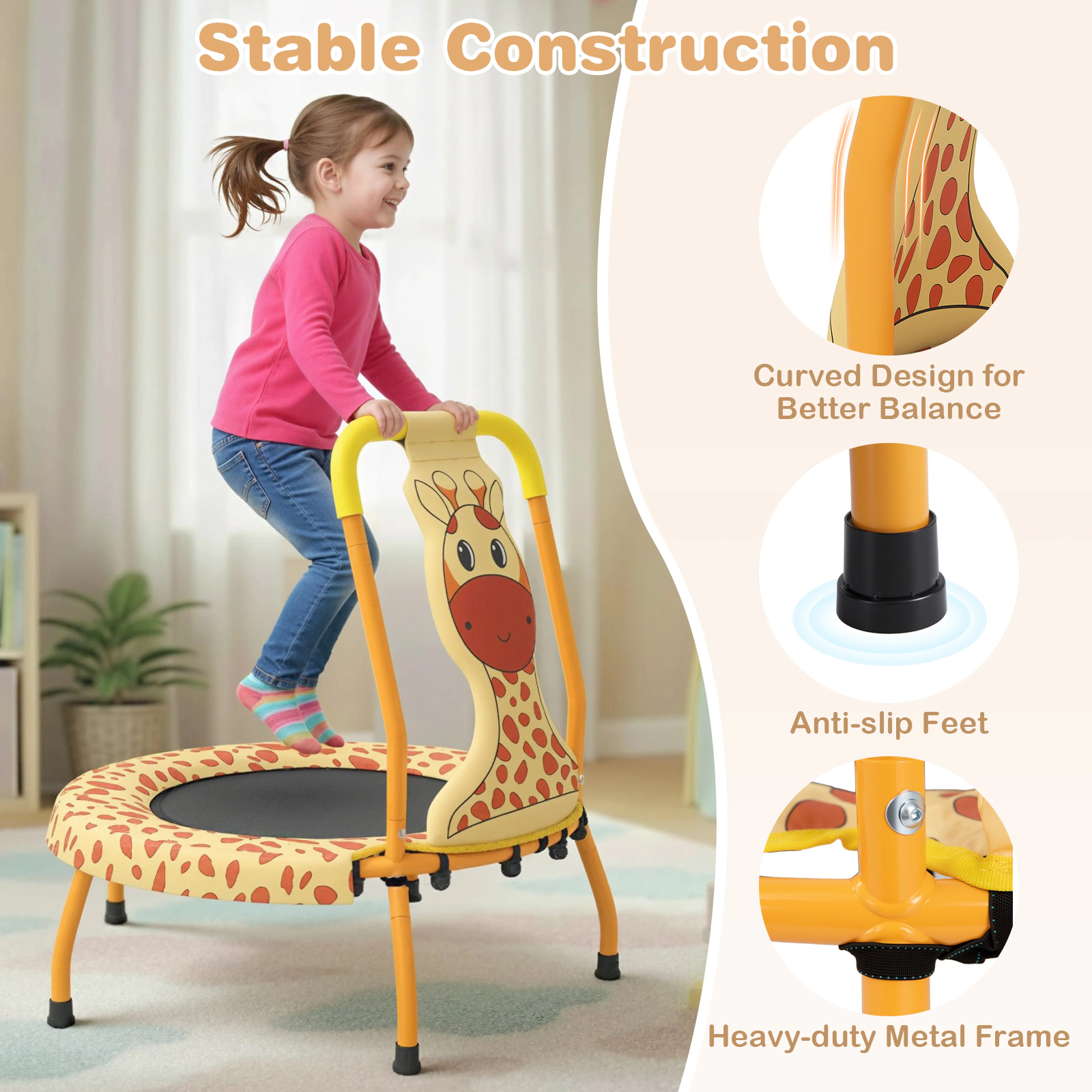 SUGIFT Mini Trampoline for Toddlers Orange with Foam Padded Handle and Giraffe Cover