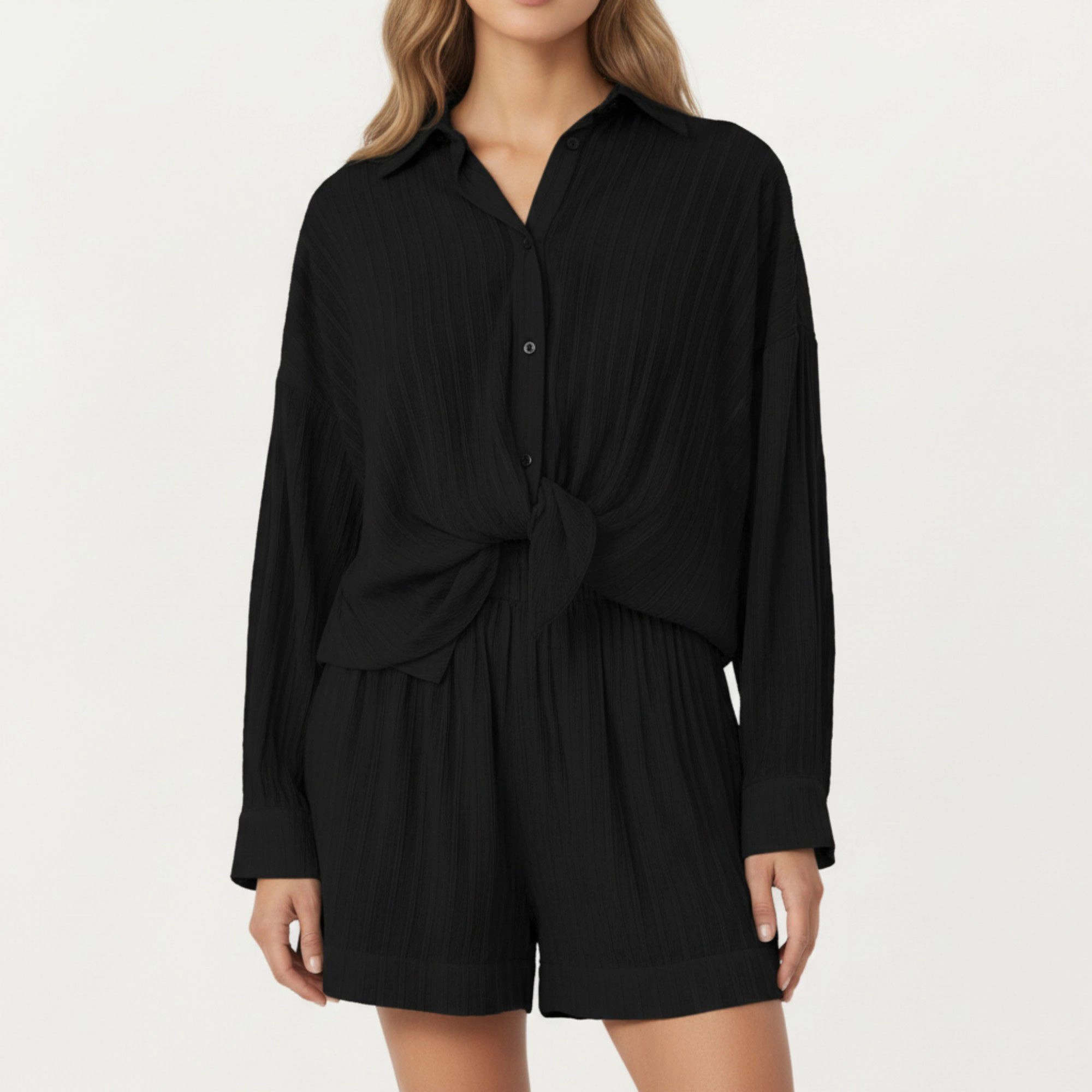 Anna-Kaci Women's 2-Piece Button Down Pajama Shirt and Shorts Long Sleeve Textured Stripe Printed Lounge Sleepwear Set