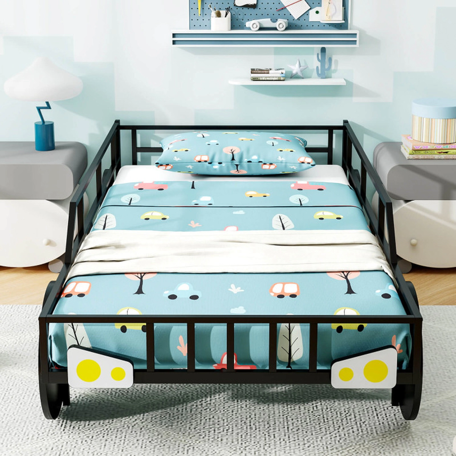 SUGIFT Car-Shaped Kids Metal Toddler Bed Frame Twin-Size 12-in Guardrails 485-lb Capacity 77-in Length 2-Piece Set Black
