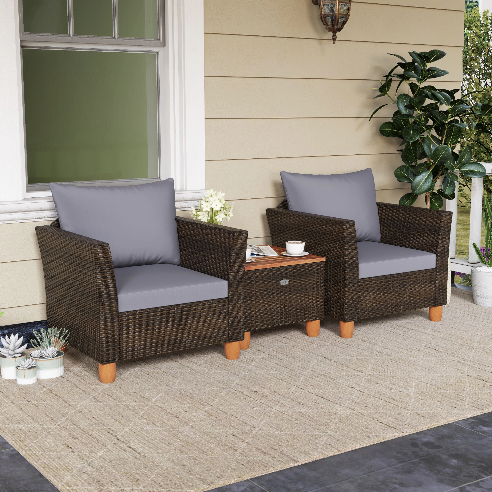 SUGIFT 3-Piece Gray Rattan Patio Bistro Set with Hidden-Storage Acacia Table and Deep Cushions