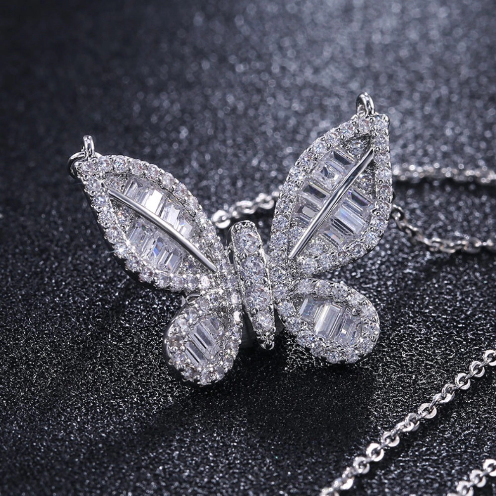 Wardrobe Whimsy Butterfly Pendant Necklace Tapered Baguette Cubic Zirconia Jewelry