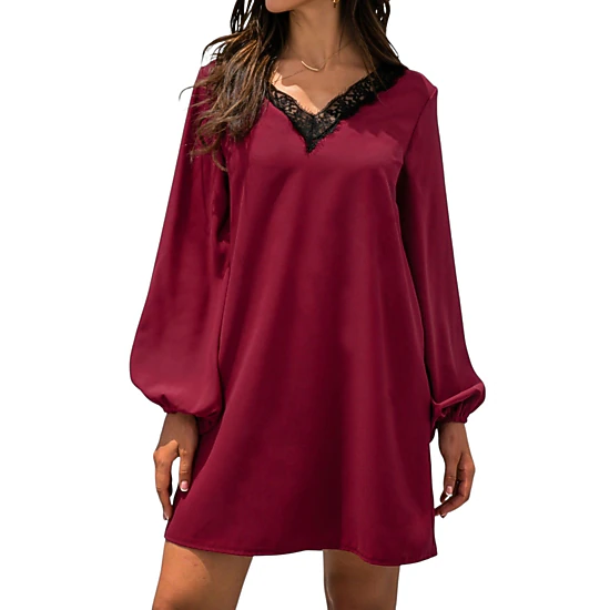 Anna-Kaci Women's Long Sleeve Mini Shift Dress with V-Neckline and Lace Trim Detail