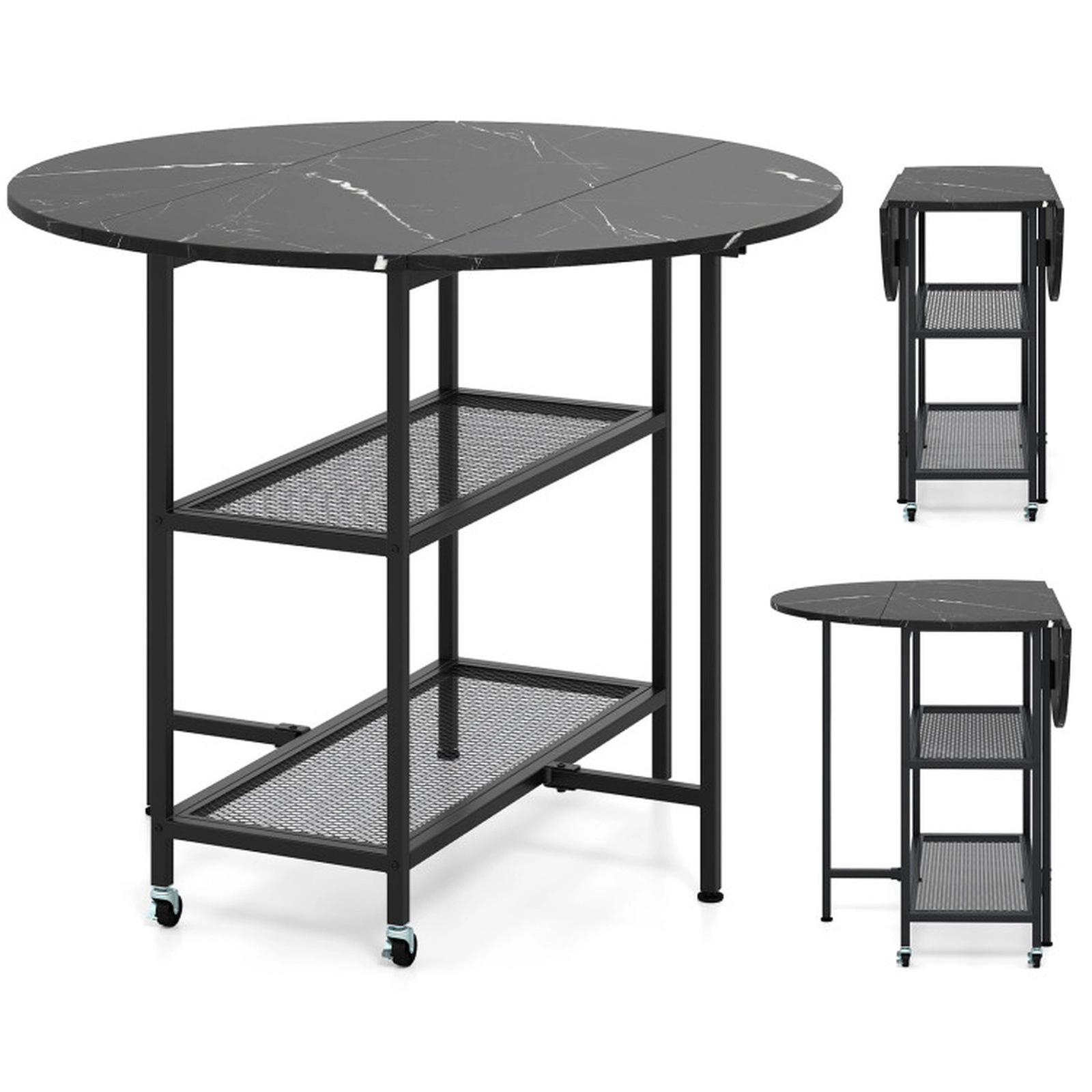 SUGIFT Folding Round Dining Table with Drop Leaves and Lockable Wheels 200-Lb Tabletop Capacity Black+White