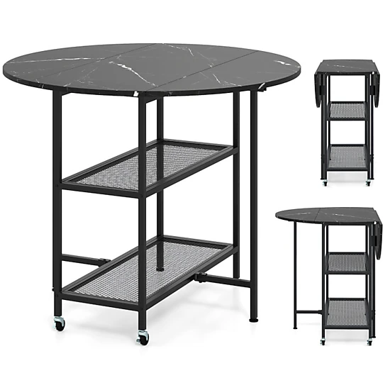 SUGIFT Folding Round Dining Table with Drop Leaves and Lockable Wheels 200-Lb Tabletop Capacity Black+White