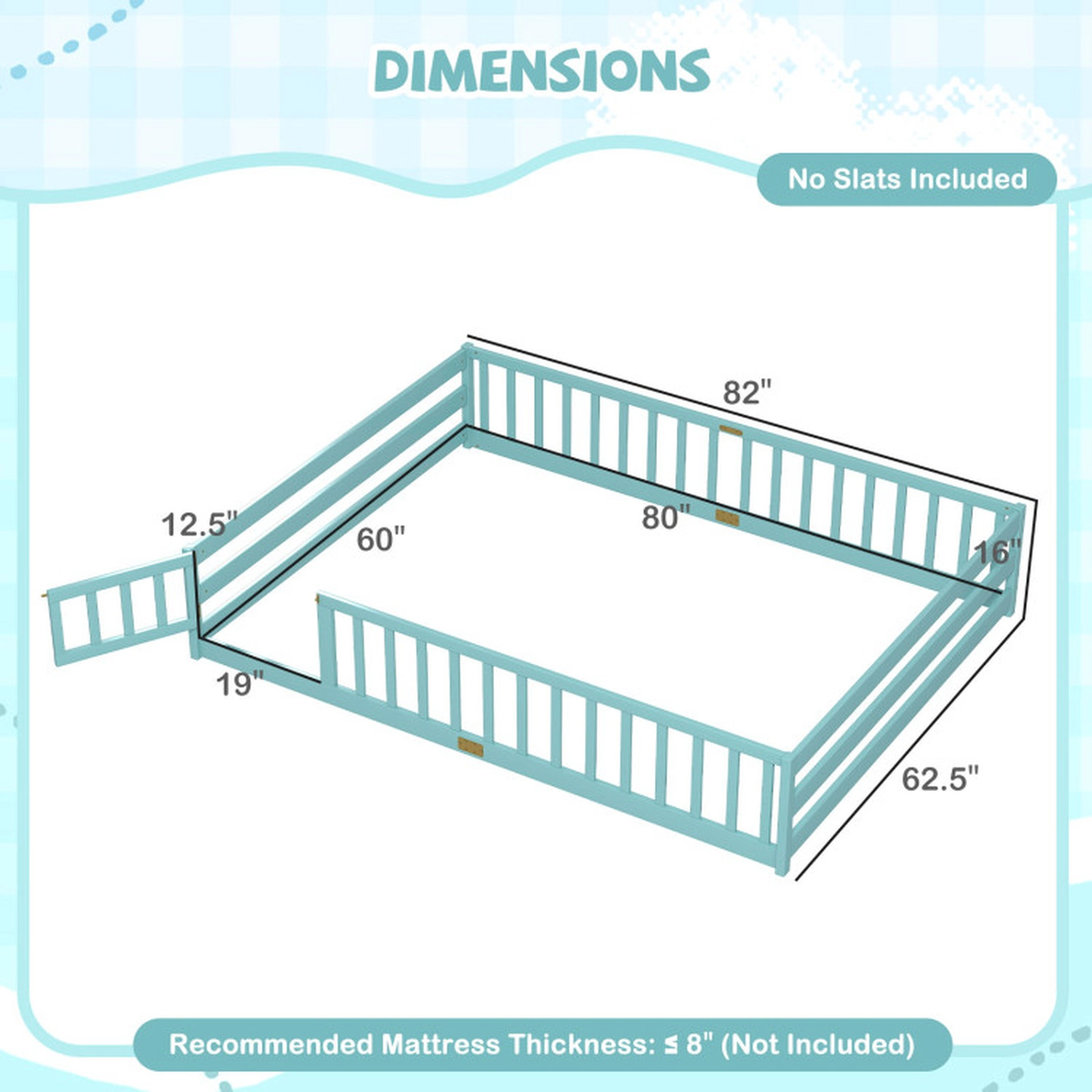 SUGIFT Turquoise Full-Length Guardrails and Lockable Door Queen Kids Montessori Floor Bed Frame